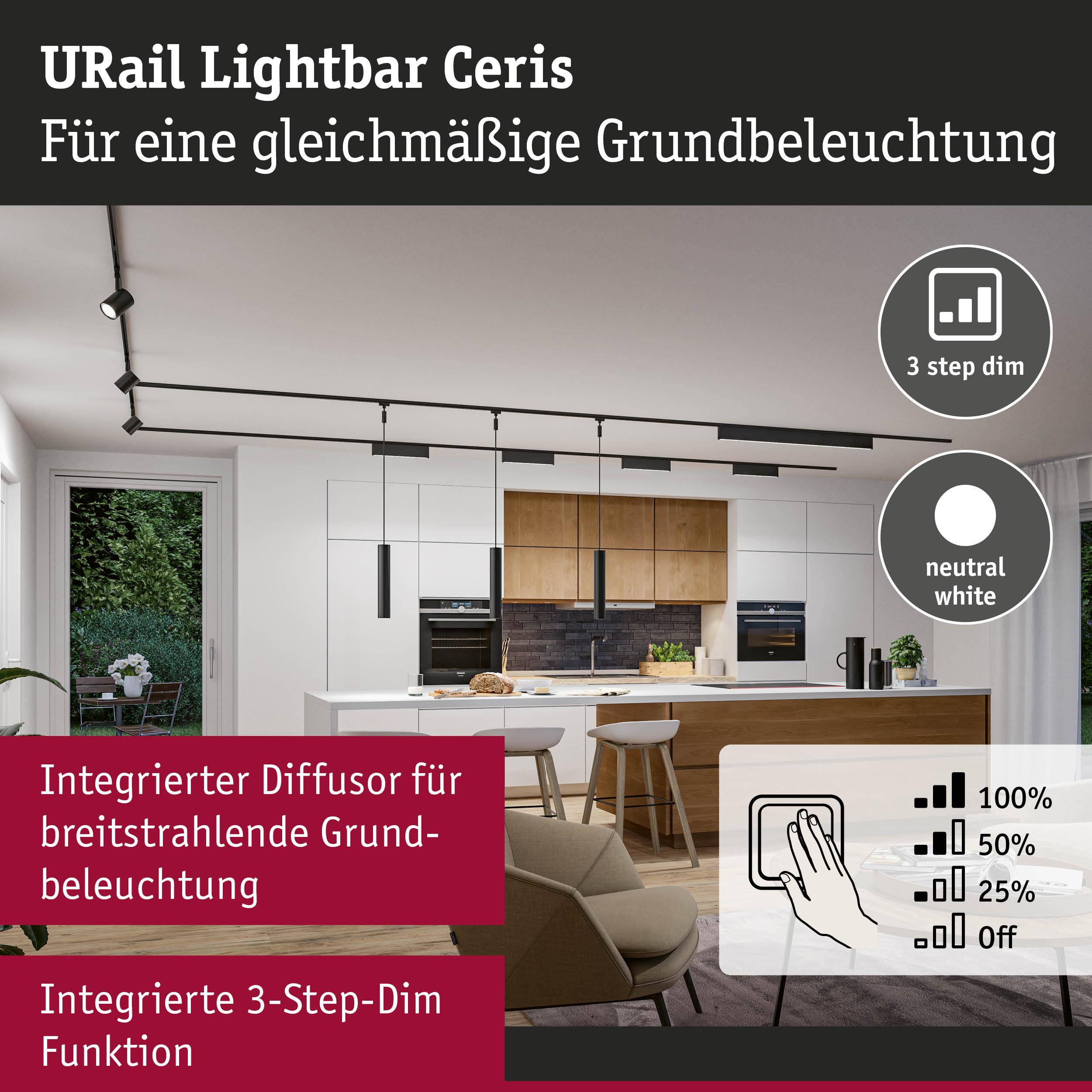Moderne Küche mit URail Lightbar Ceris, 3-Stufen-Dimmfunktion und neutral-weißem Licht.
