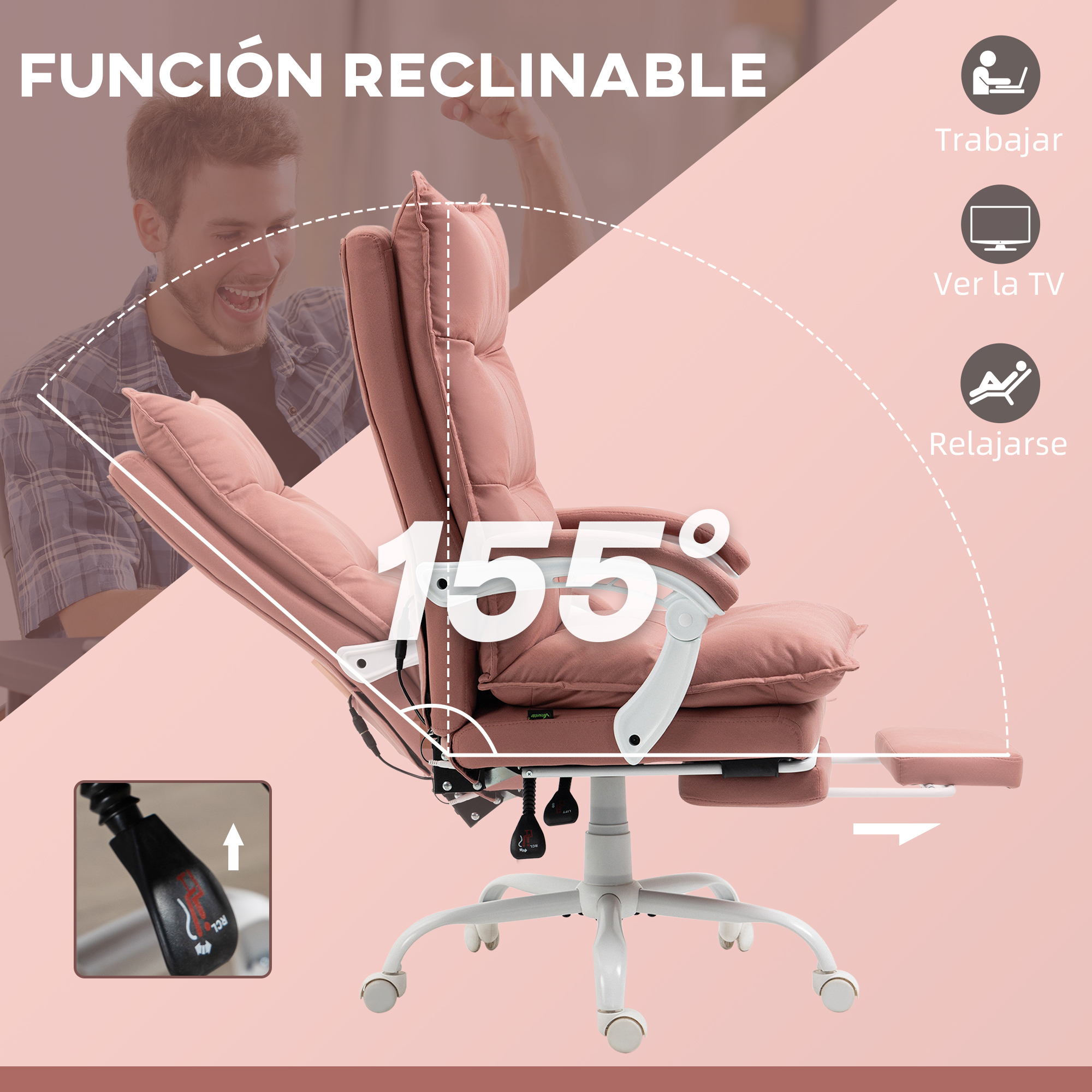 Silla de oficina rosa con reposapiés reclinable, ajustable a 155 grados.