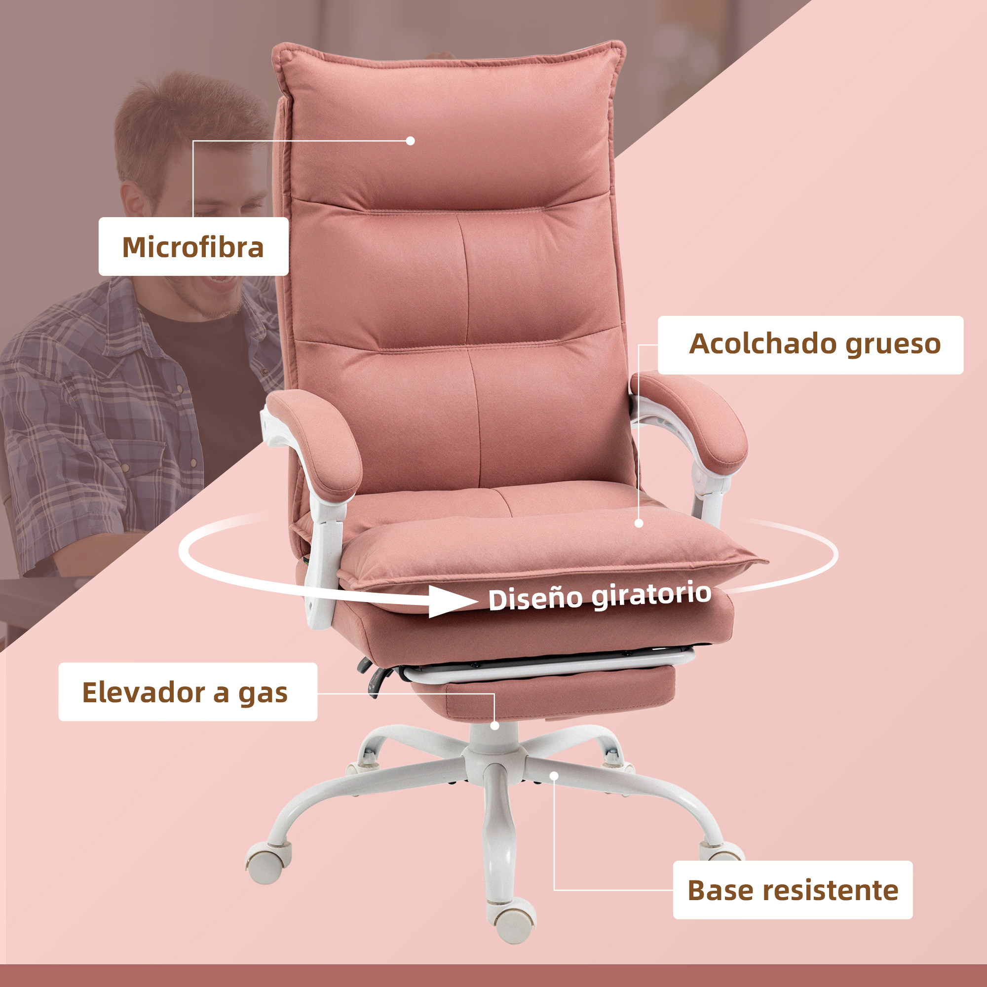 Una silla de oficina rosa con tejido de microfibra, acolchado grueso y elevador a gas.