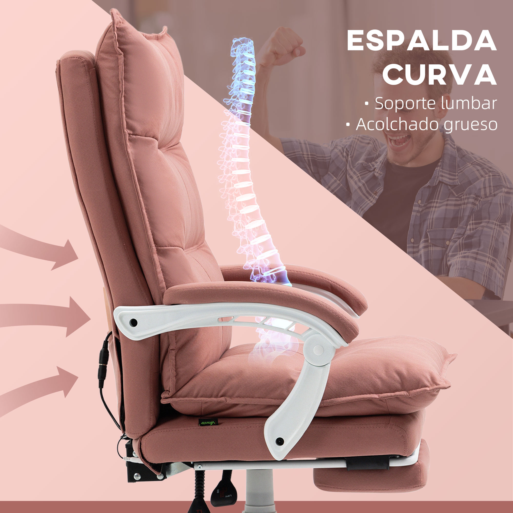Una silla de oficina rosa con una superposición de columna y un hombre al fondo.