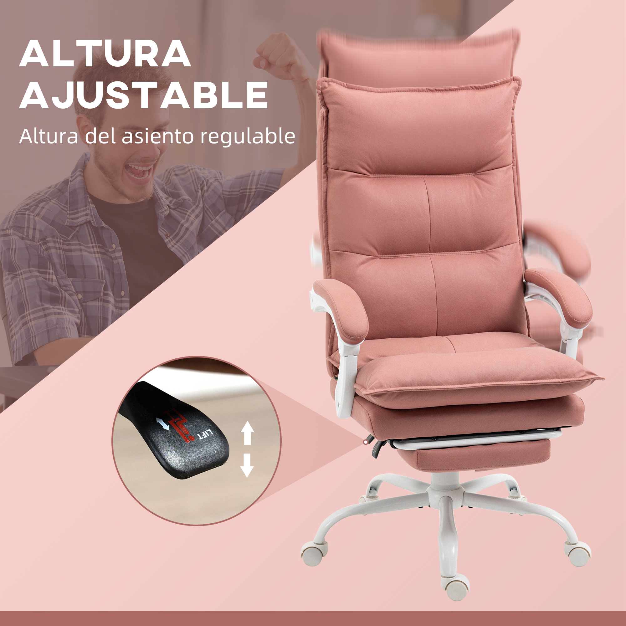 Una silla de oficina rosa con base y ruedas blancas. Un hombre celebra al fondo.