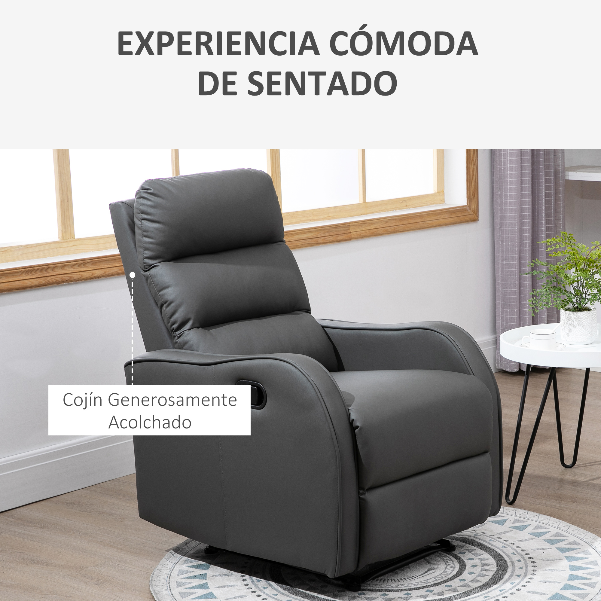 Un sillón tapizado oscuro se sienta sobre una alfombra redonda junto a una ventana.