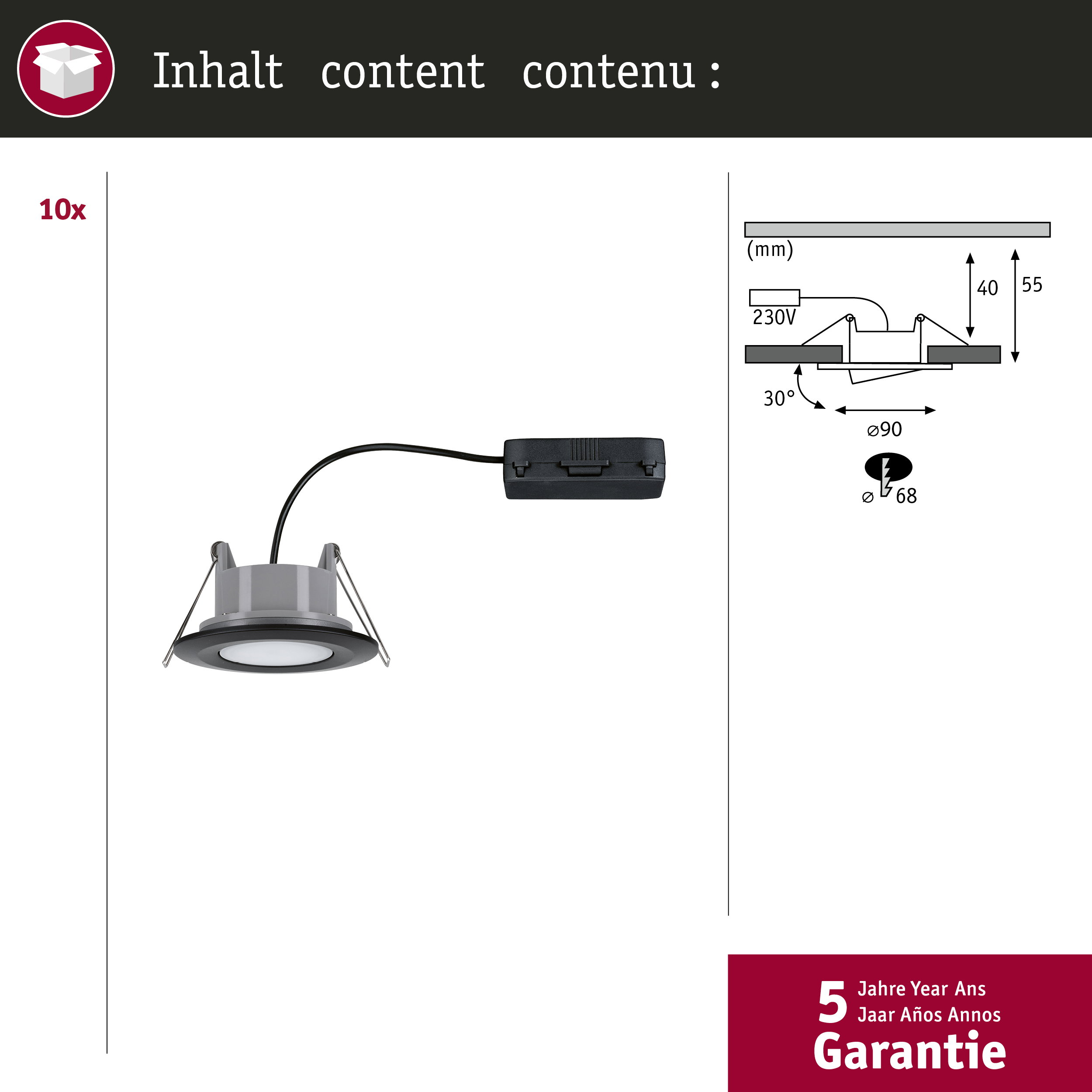 Eine silberne Einbauleuchte mit schwarzem Kabel und Anschlusskasten.