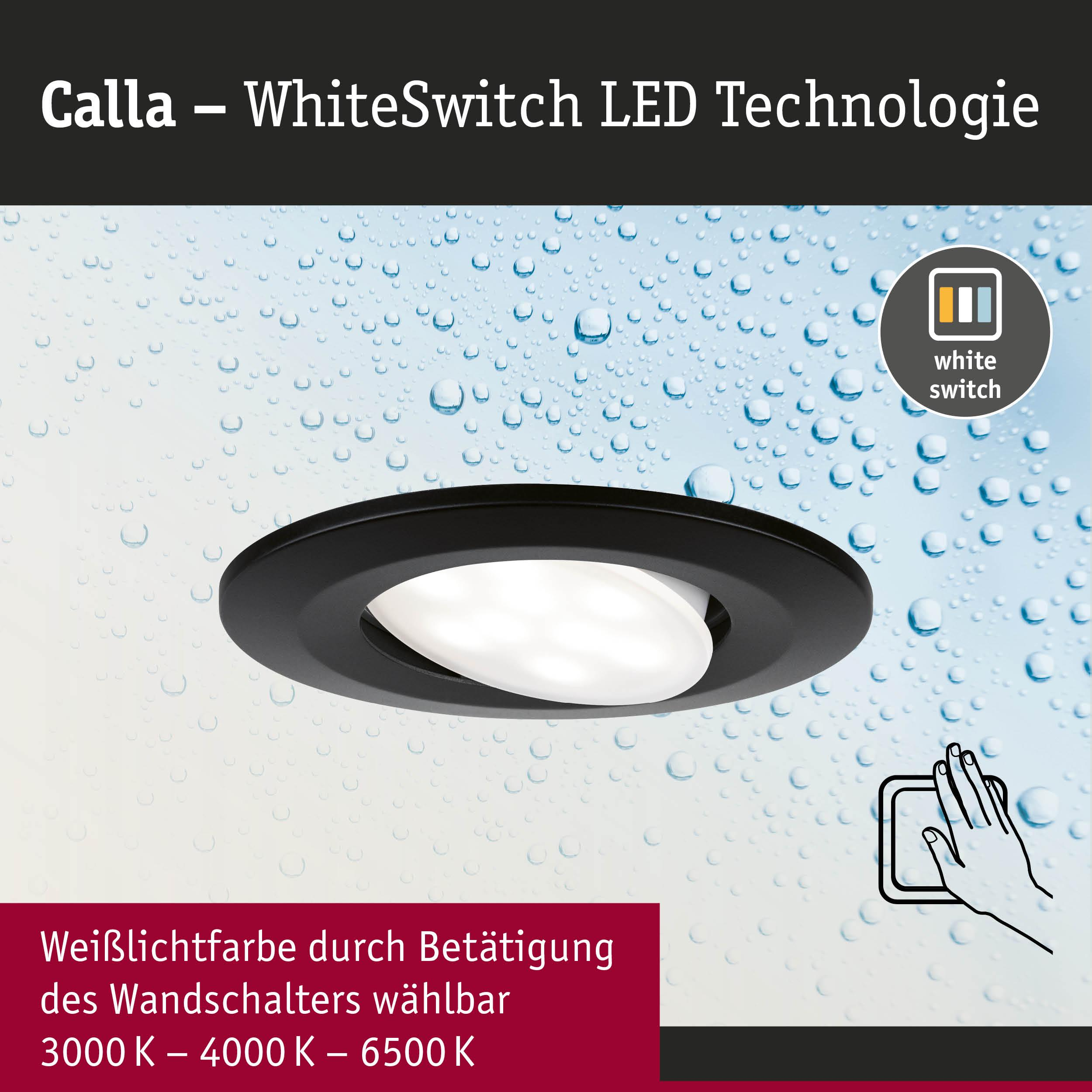 Schwarzer Einbaustrahler mit hellem Licht, umgeben von Wassertropfen.