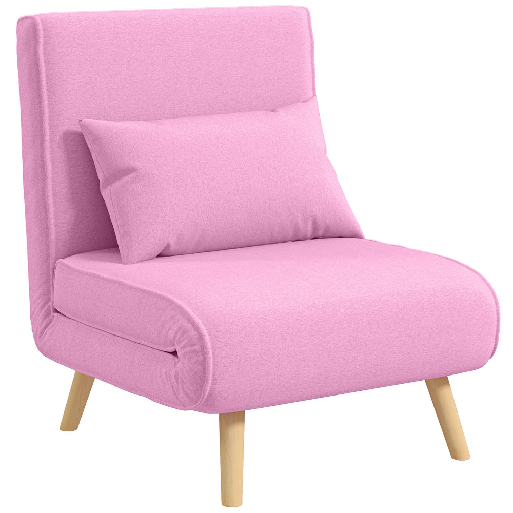 Un sillón rosa con un cojín sobre patas de madera.