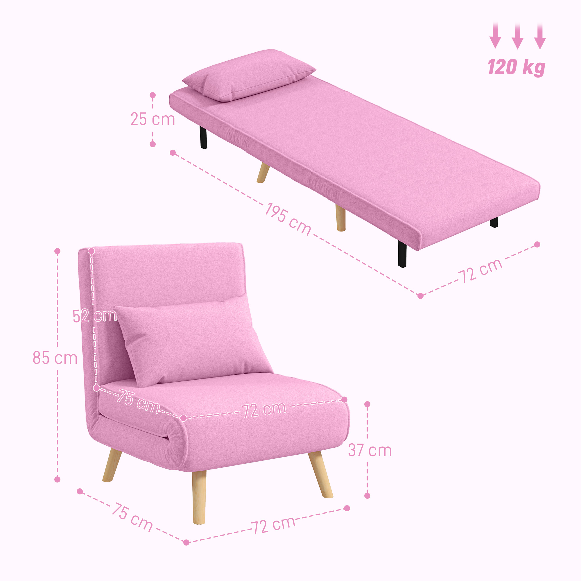 Un sillón cama plegable rosa con dimensiones y capacidad de 120 kg.