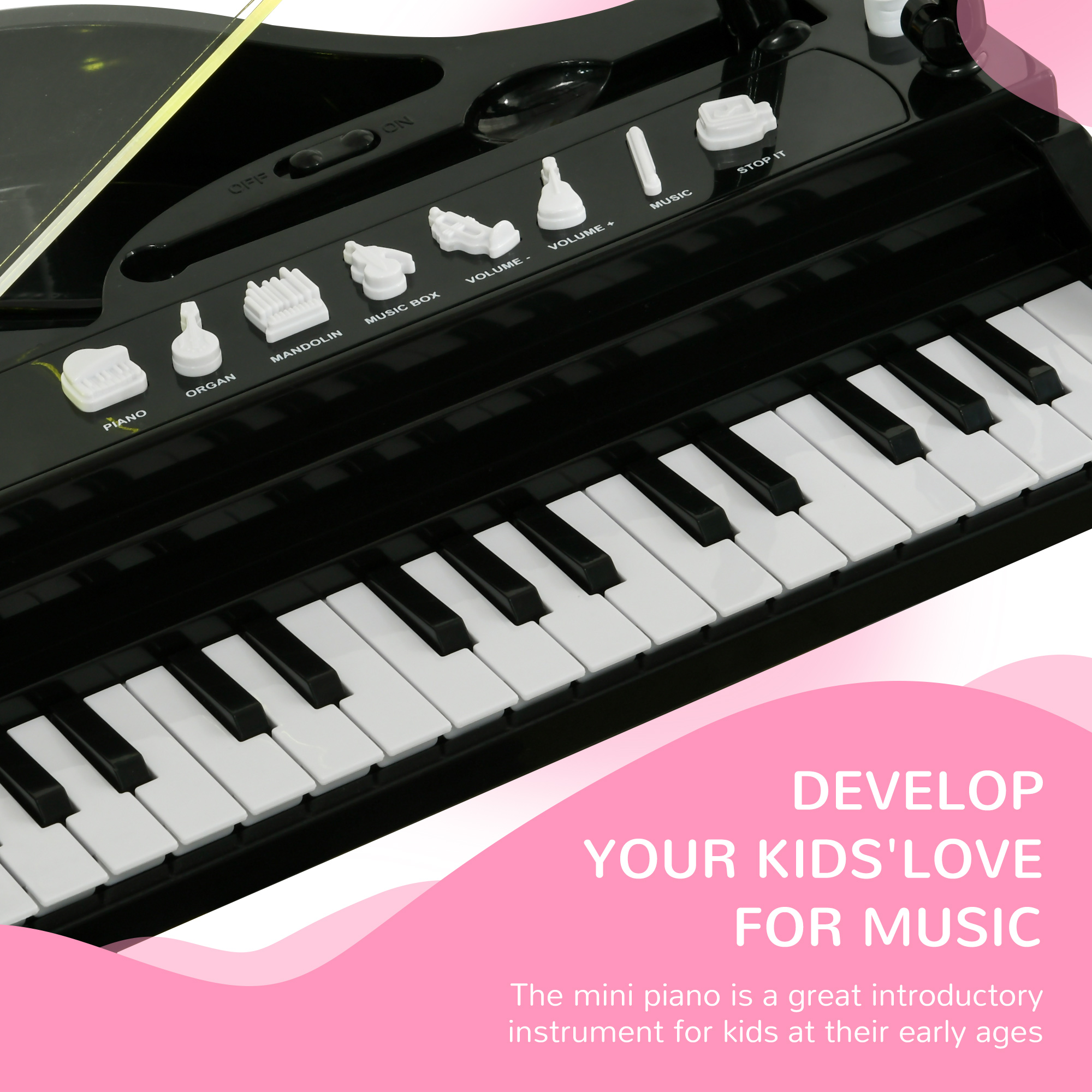 Piano de juguete negro con teclas blancas y botones coloridos. Texto: 'Desarrolla el amor de tus hijos por la música'.