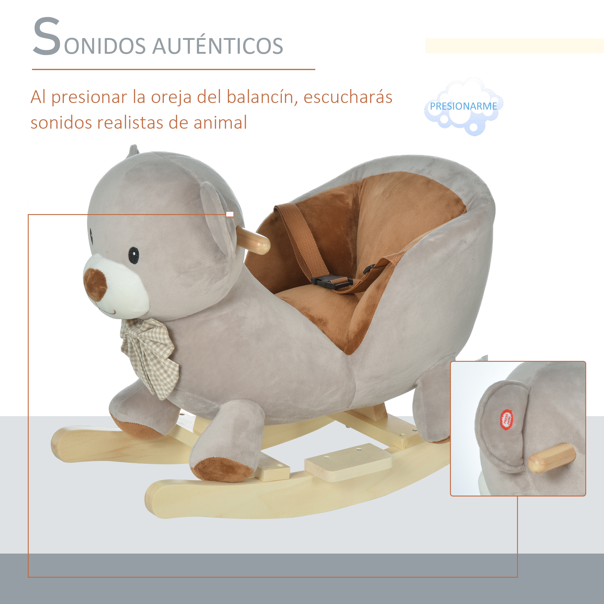 Un balancín de oso de peluche gris con asiento marrón y correa.