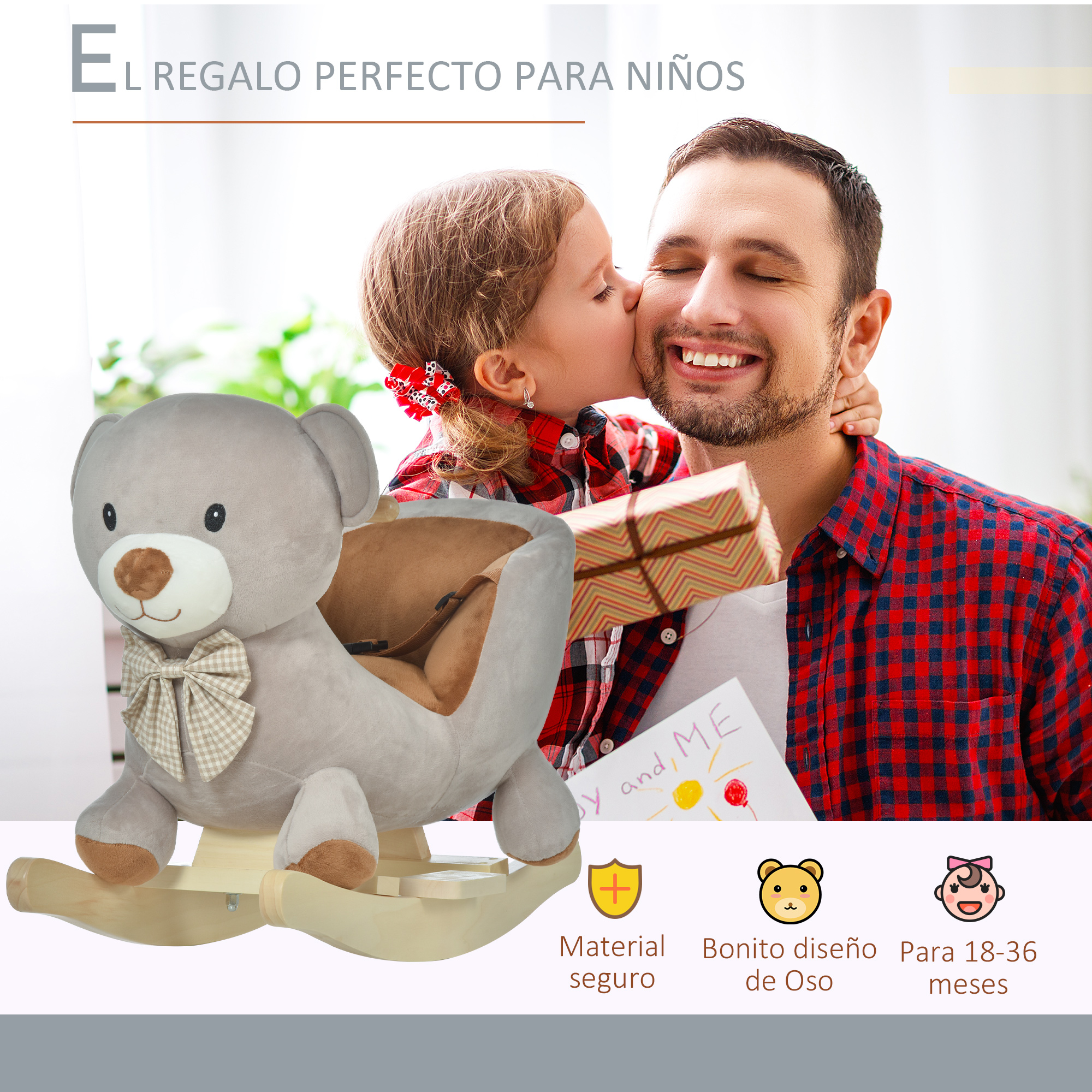 Un padre sonríe mientras su hija le besa la mejilla. Un balancín de oso de peluche está en primer plano.