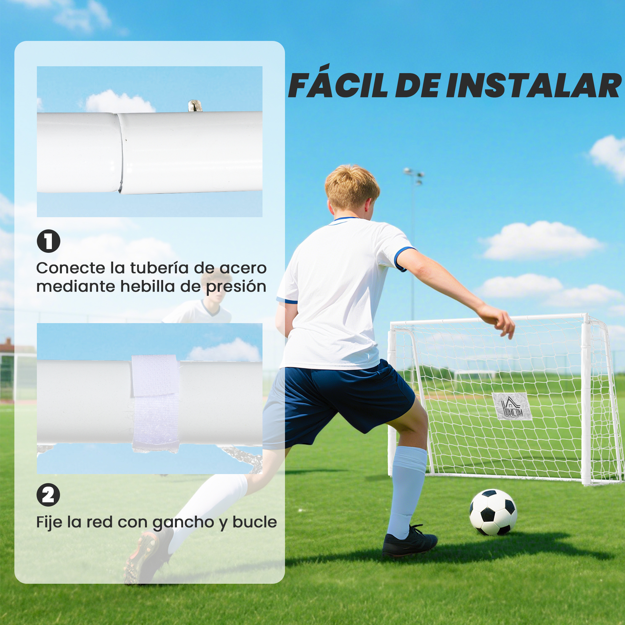 Un hombre con indumentaria de fútbol está junto a una portería de fútbol con un balón.