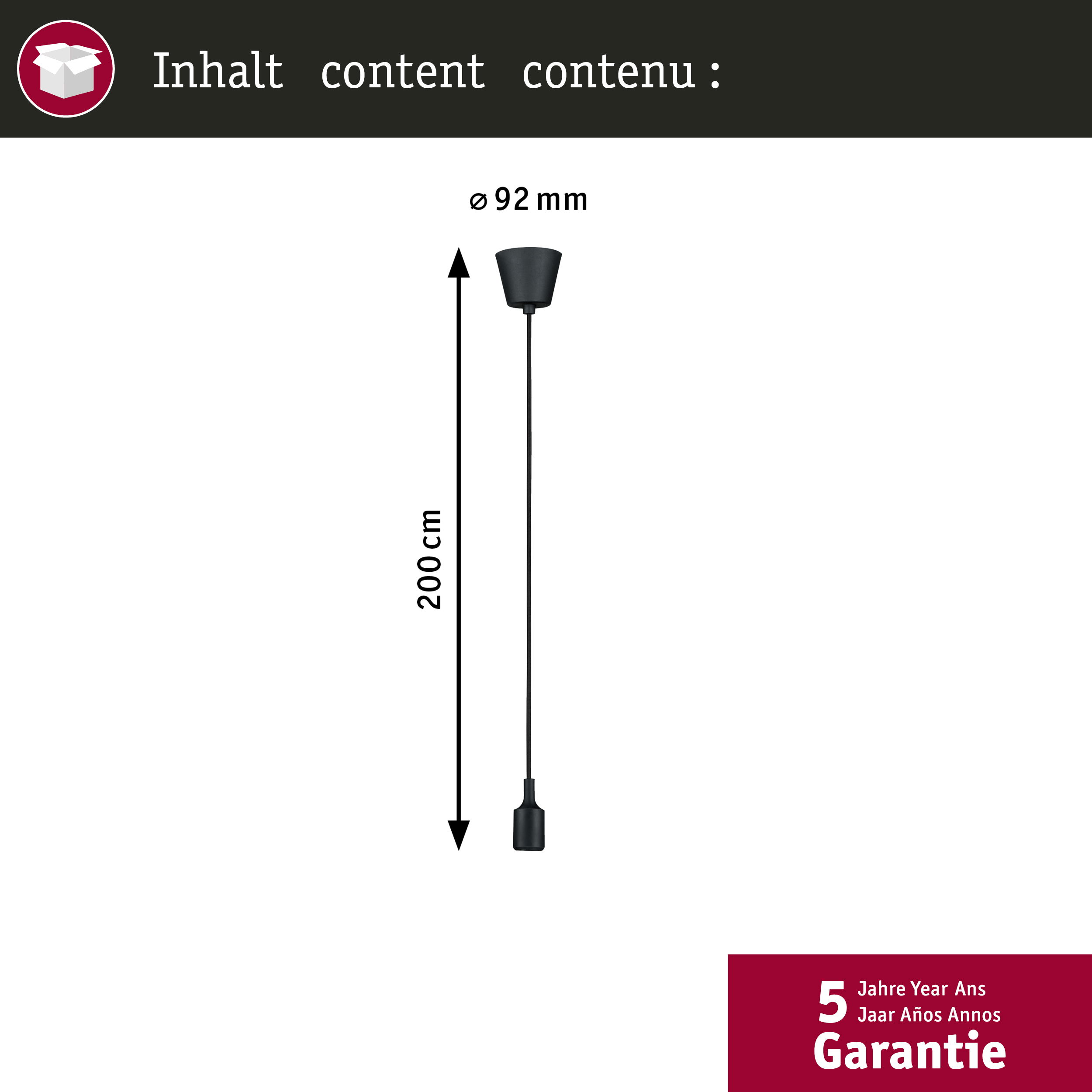 Lampada a sospensione nera diametro 92mm, lunghezza 200cm.