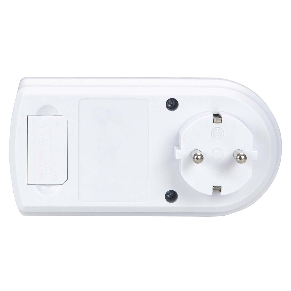 Weißer elektrischer Adapter mit einem Typ-F-Stecker und einem Batteriefach.