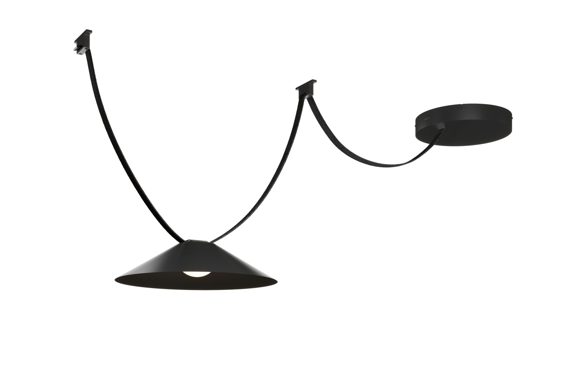 Paralume nero con cavo e supporto a soffitto, lampadina bianca.