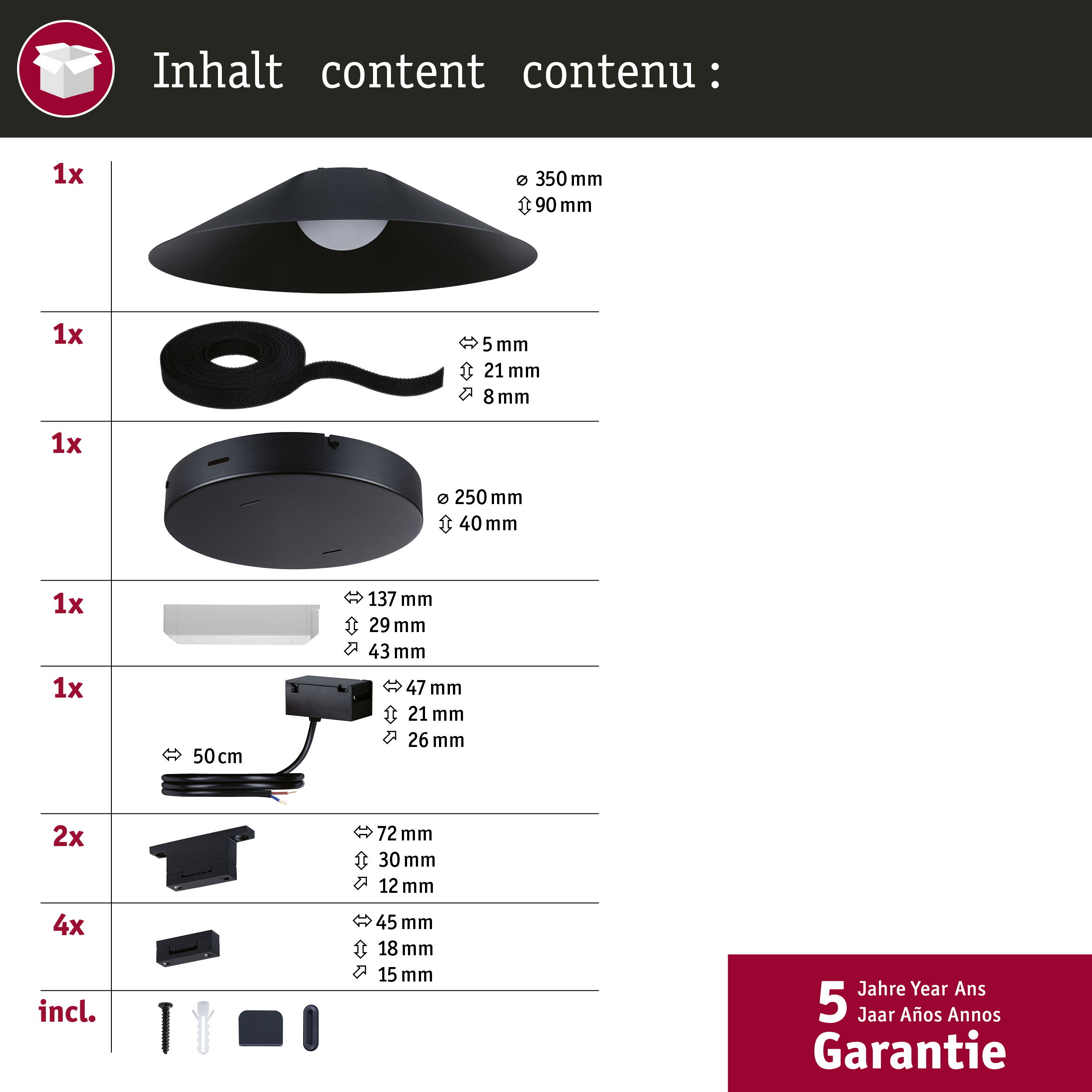 Contenuto di un set di lampade con dimensioni e parti.