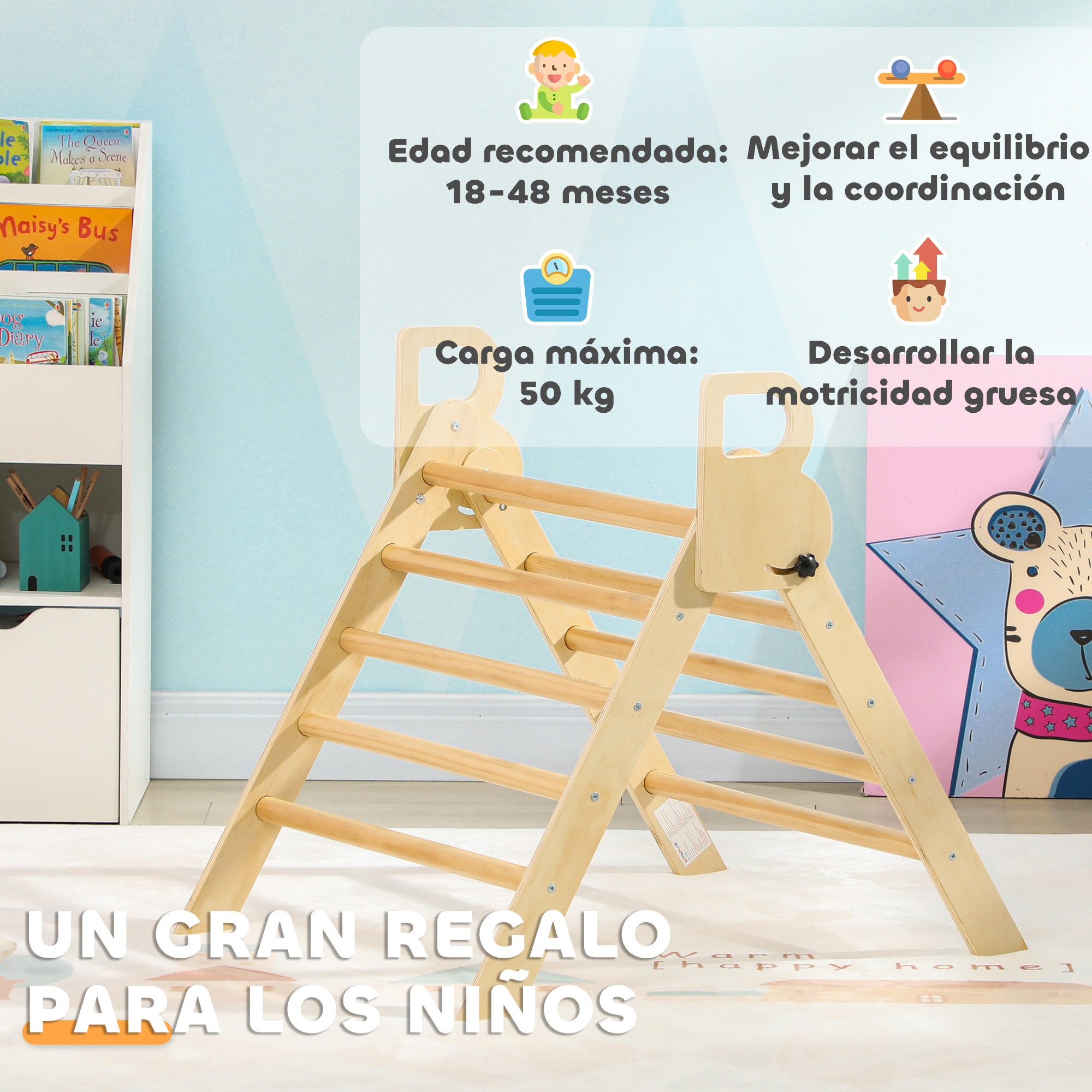 Triángulo de escalada de madera con libros y juguetes. Texto resalta edad, límite de peso y beneficios.