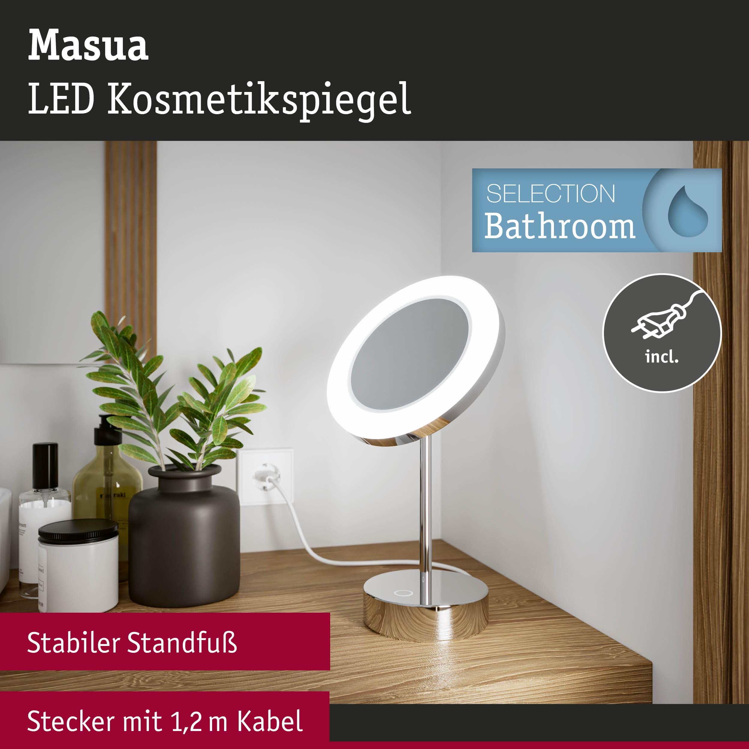 Ein beleuchteter Kosmetikspiegel mit silbernem Fuß steht auf einem Holztisch.