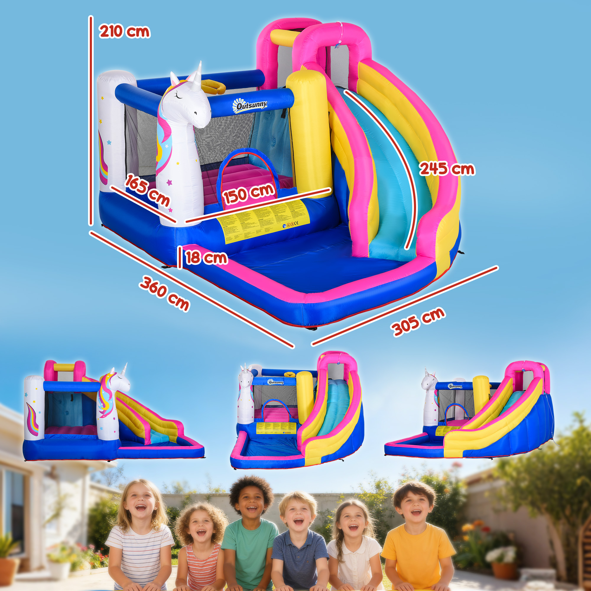 Castillo hinchable con tobogán y temática de unicornio en azul, rosa y amarillo.