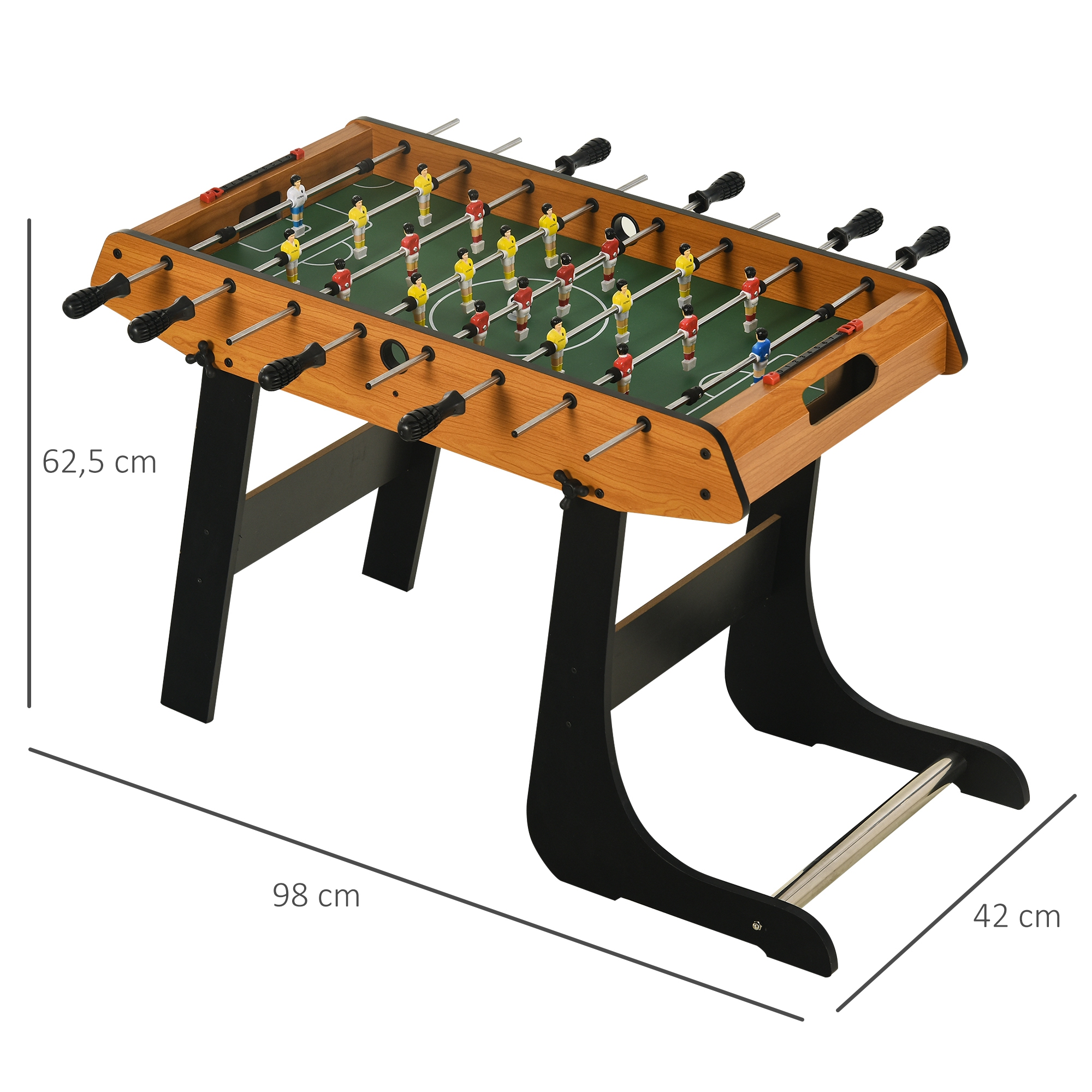 Un futbolín con campo de juego verde, cuerpo de madera y patas negras.