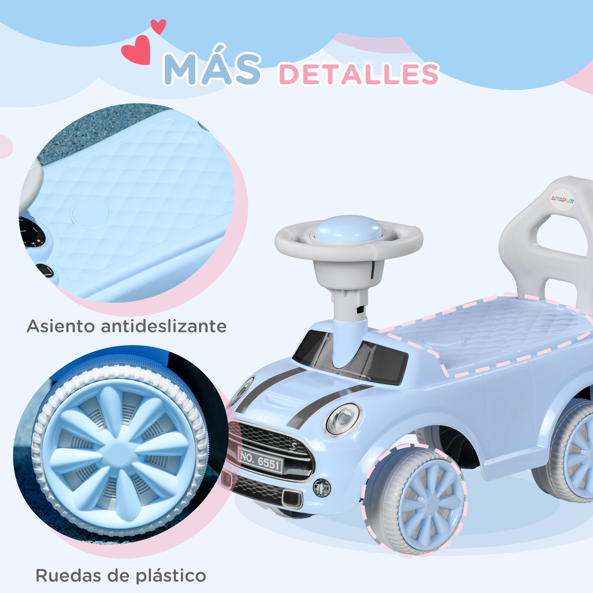 Un coche de juguete azul claro con volante y matrícula. Primeros planos muestran el asiento y la rueda.