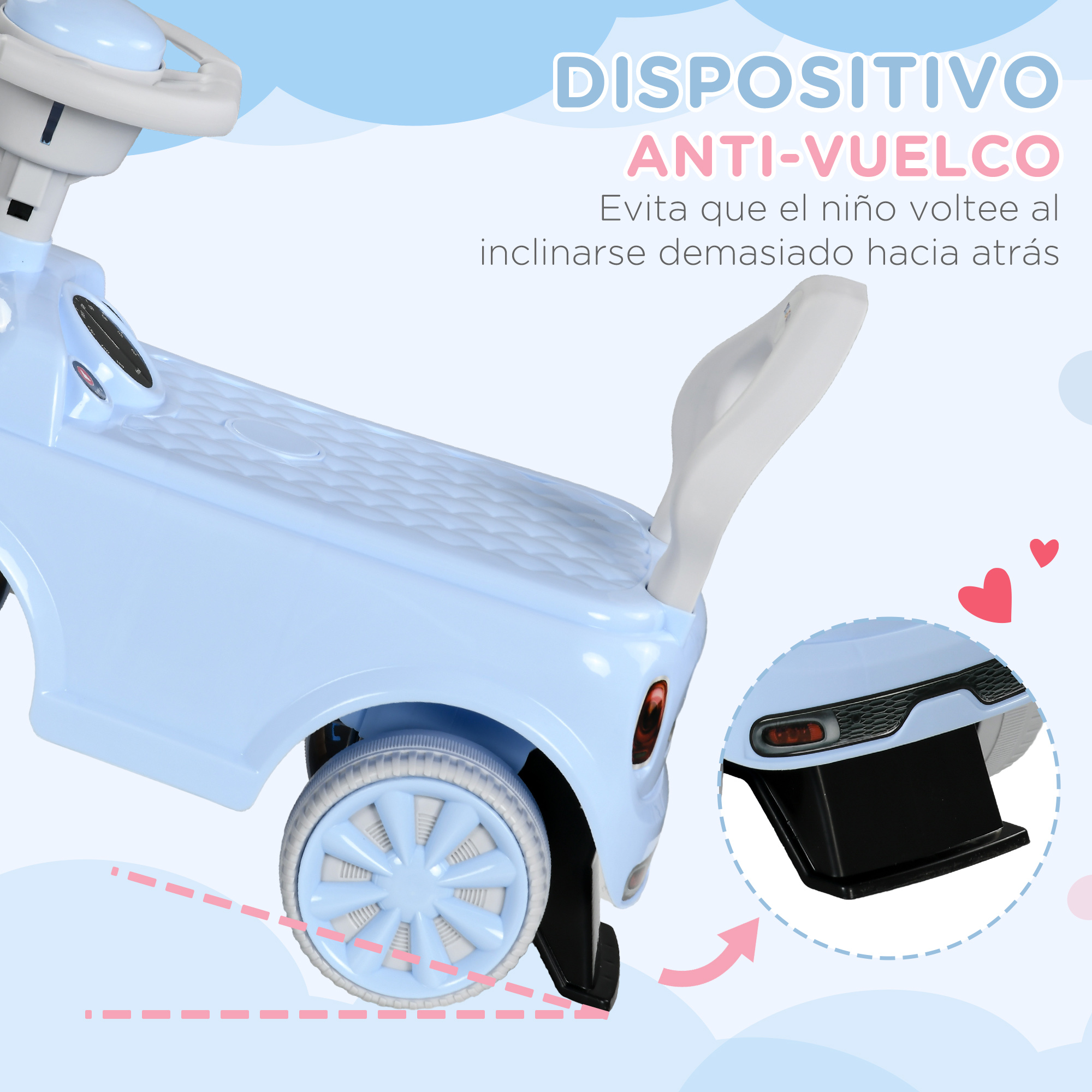 Un coche de juguete azul claro con soporte antivuelco y luces traseras.