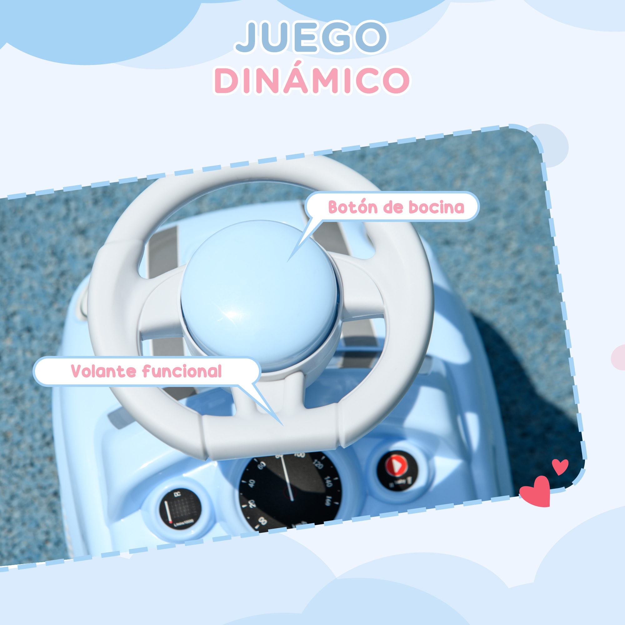 Volante de coche de juguete azul con tablero y botón de bocina.