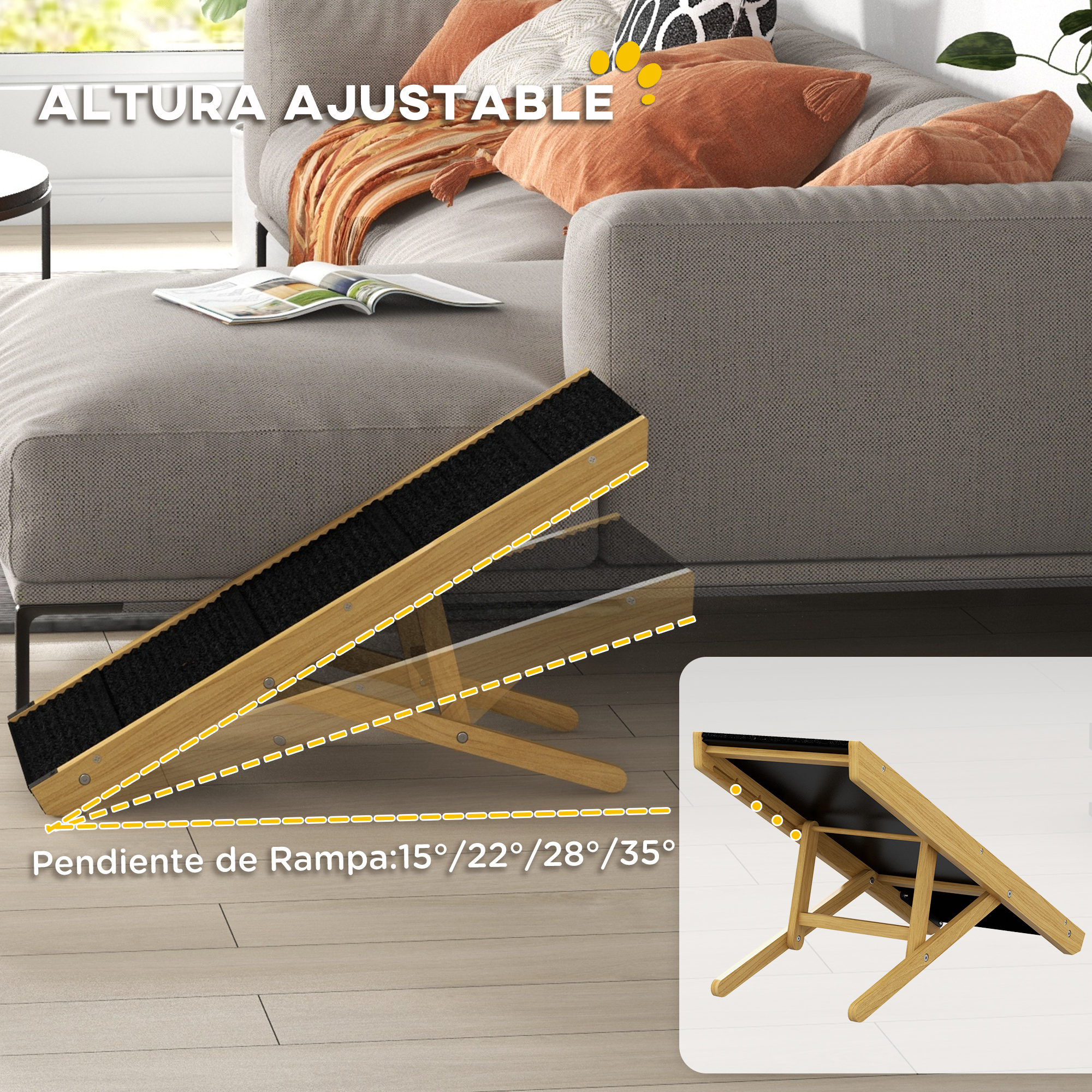 Rampa de madera ajustable con superficie antideslizante negra sobre suelo de madera.