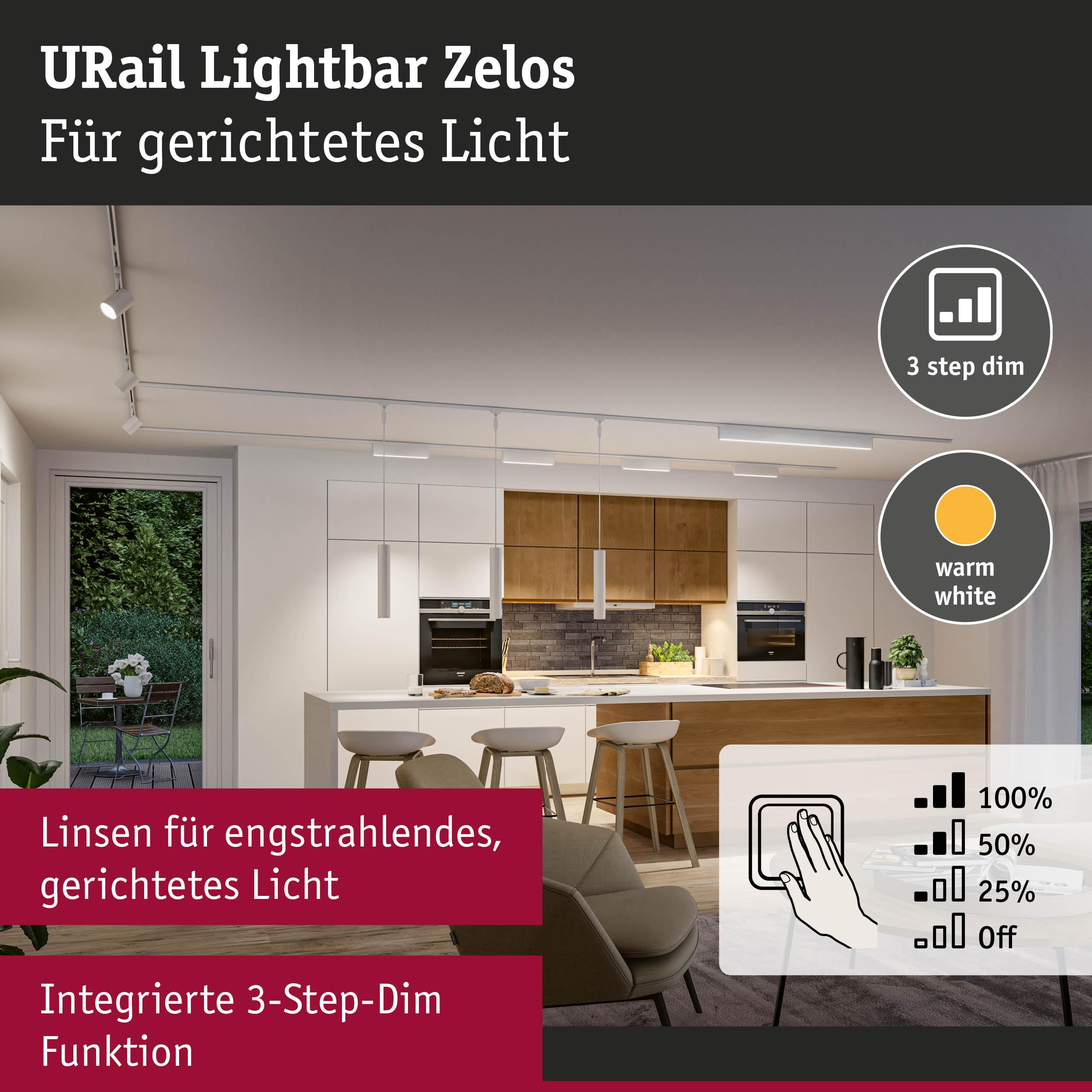 URail Lightbar Zelos mit 3-Stufen-Dimmfunktion und warmweißem Licht.