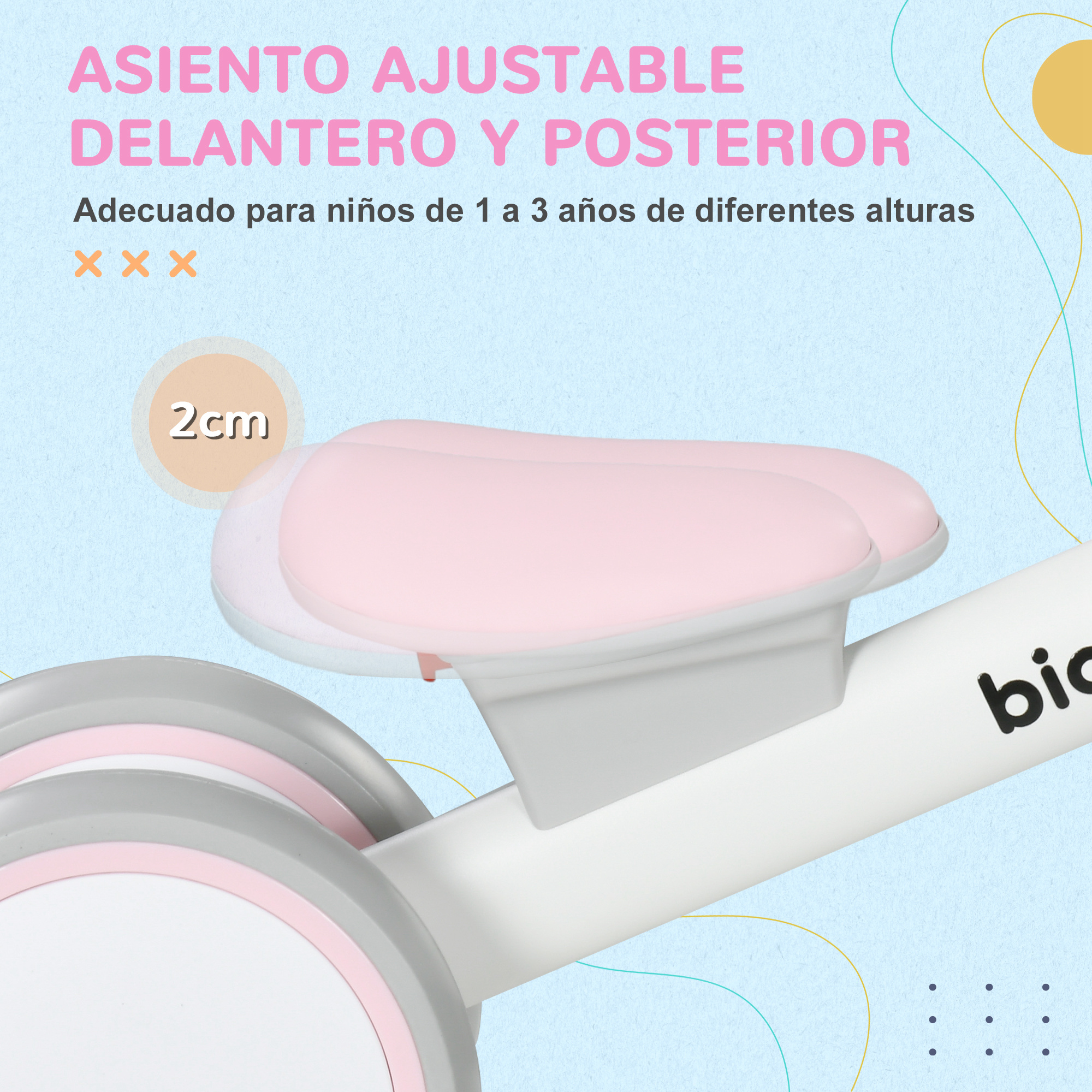 Asiento ajustable delantero y trasero para niños de 1 a 3 años.