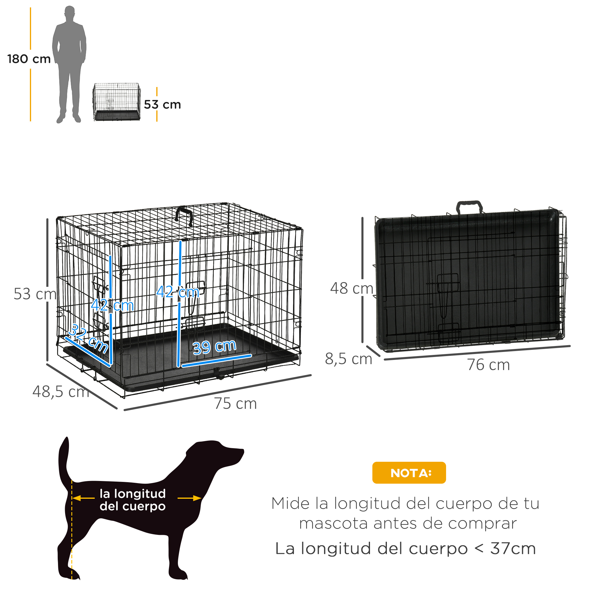 Una jaula para perros con dimensiones y una persona para comparar.