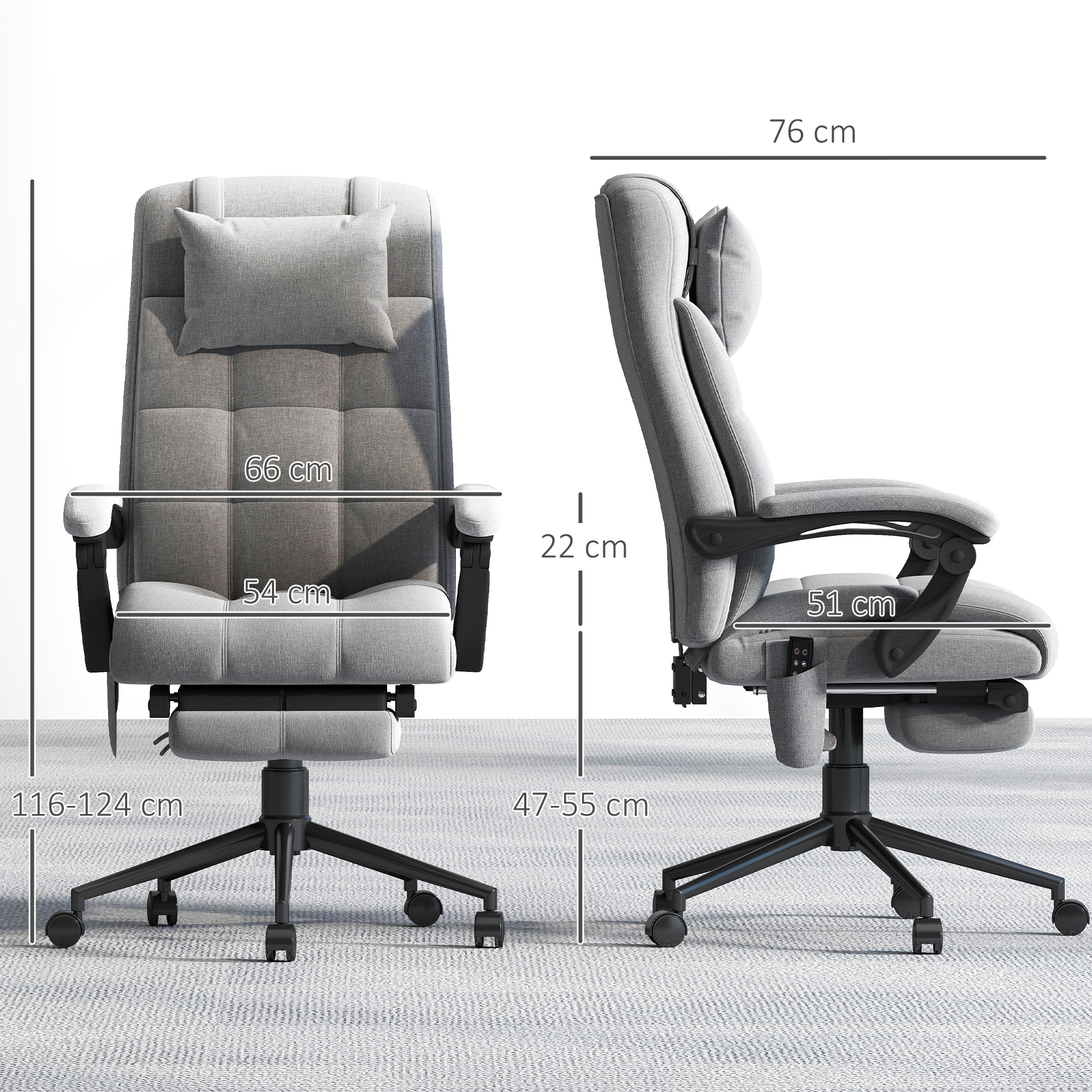 Silla de oficina gris con dimensiones mostradas: 76cm altura, 66cm ancho, 54cm altura asiento.