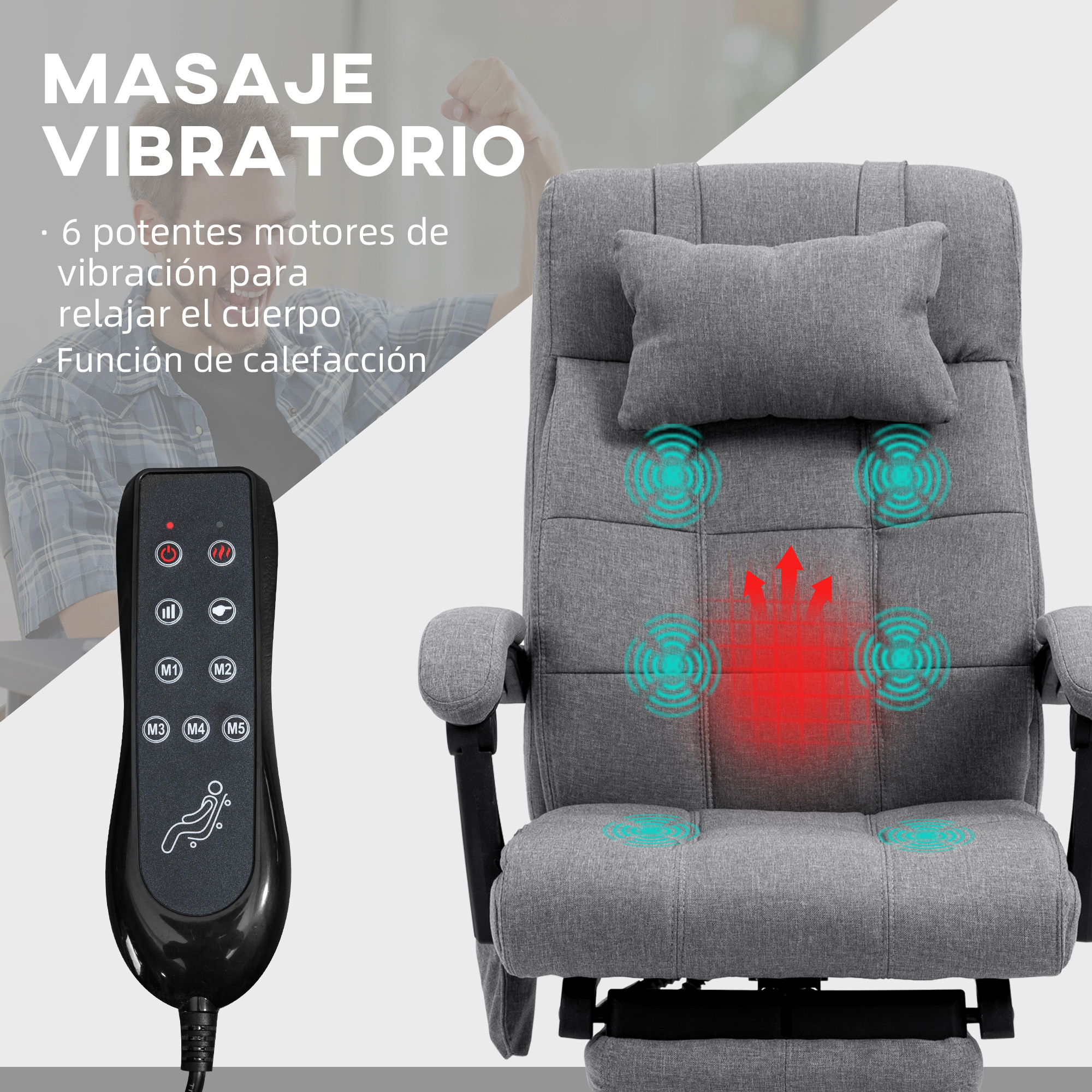 Sillón de masaje gris con mando, muestra funciones de vibración y calor.