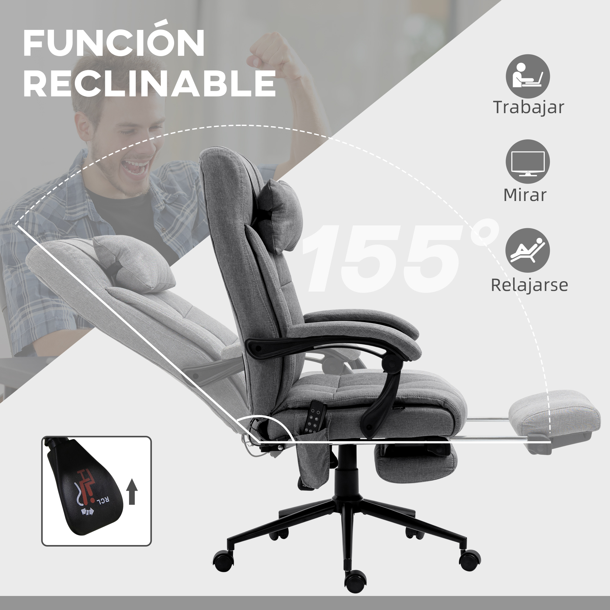 Silla de oficina gris con respaldo y reposapiés ajustables, reclinable 155°.