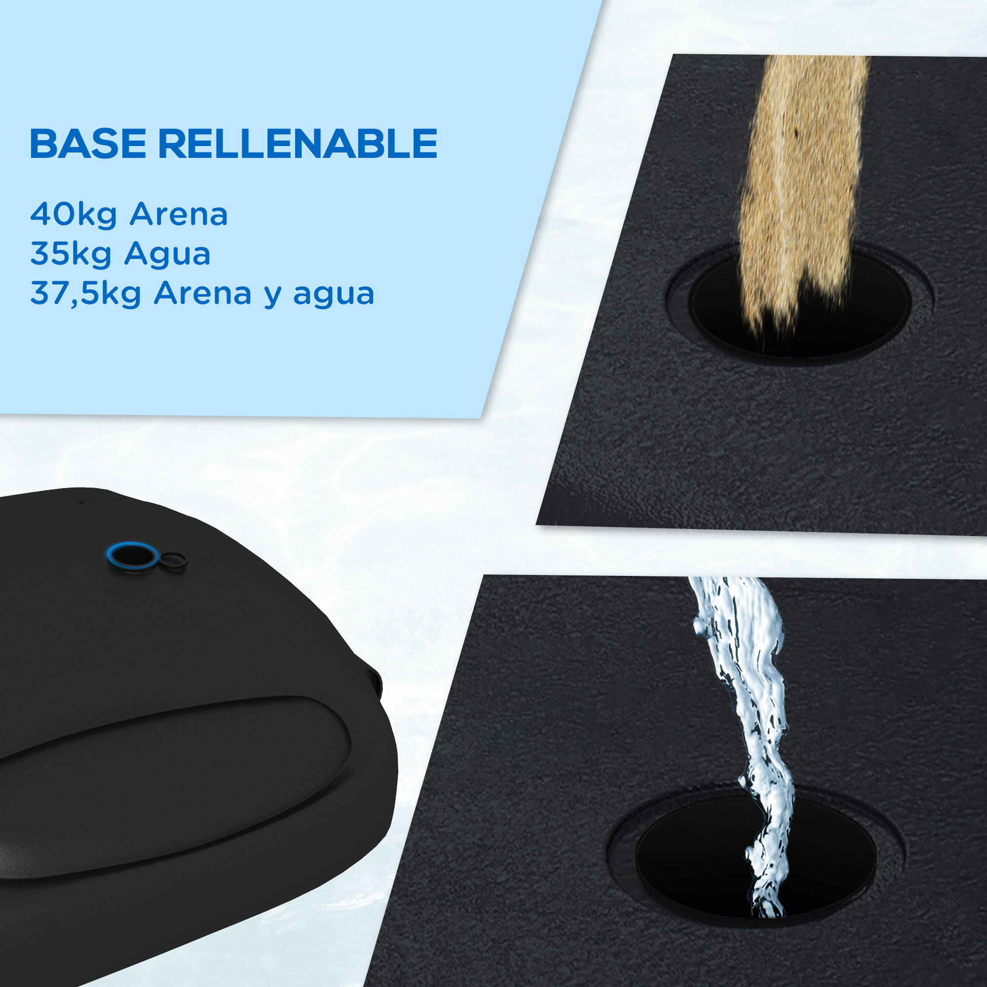 Base negra con agujero, arena cayendo; agua cayendo.