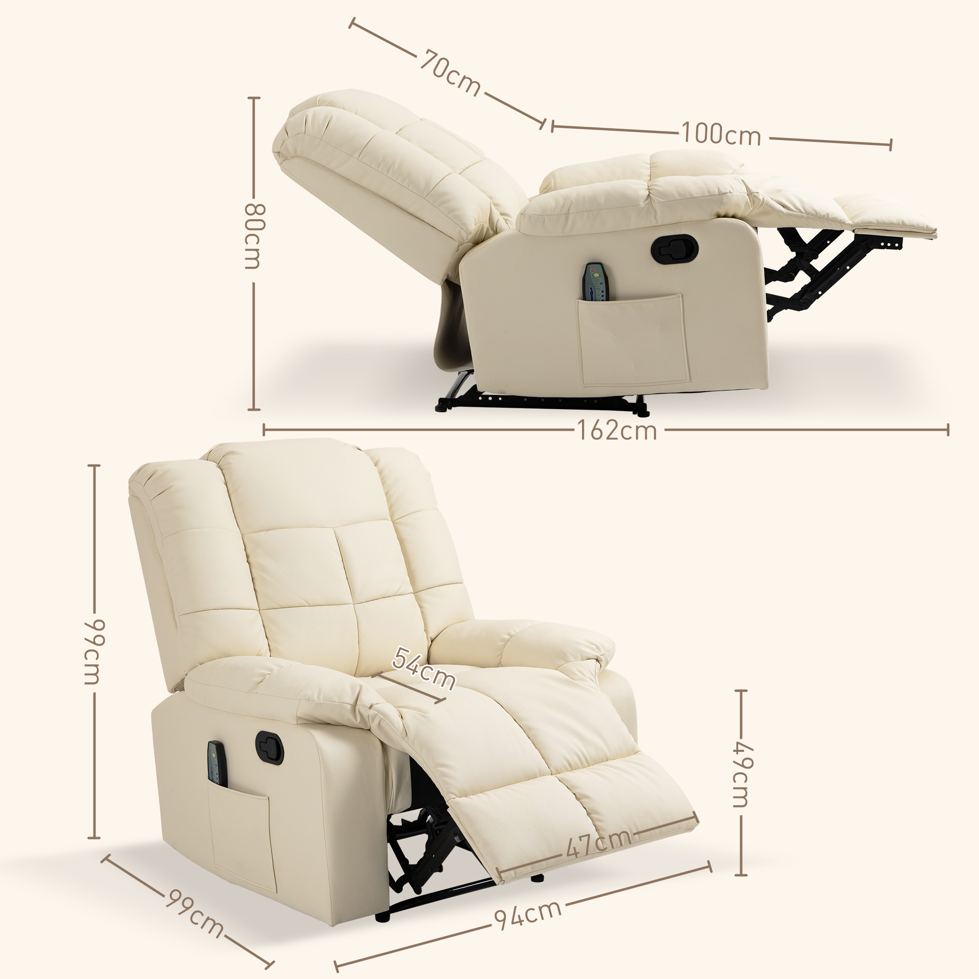 Sillón reclinable crema con dimensiones mostradas. Vista superior muestra reposapiés extendido.