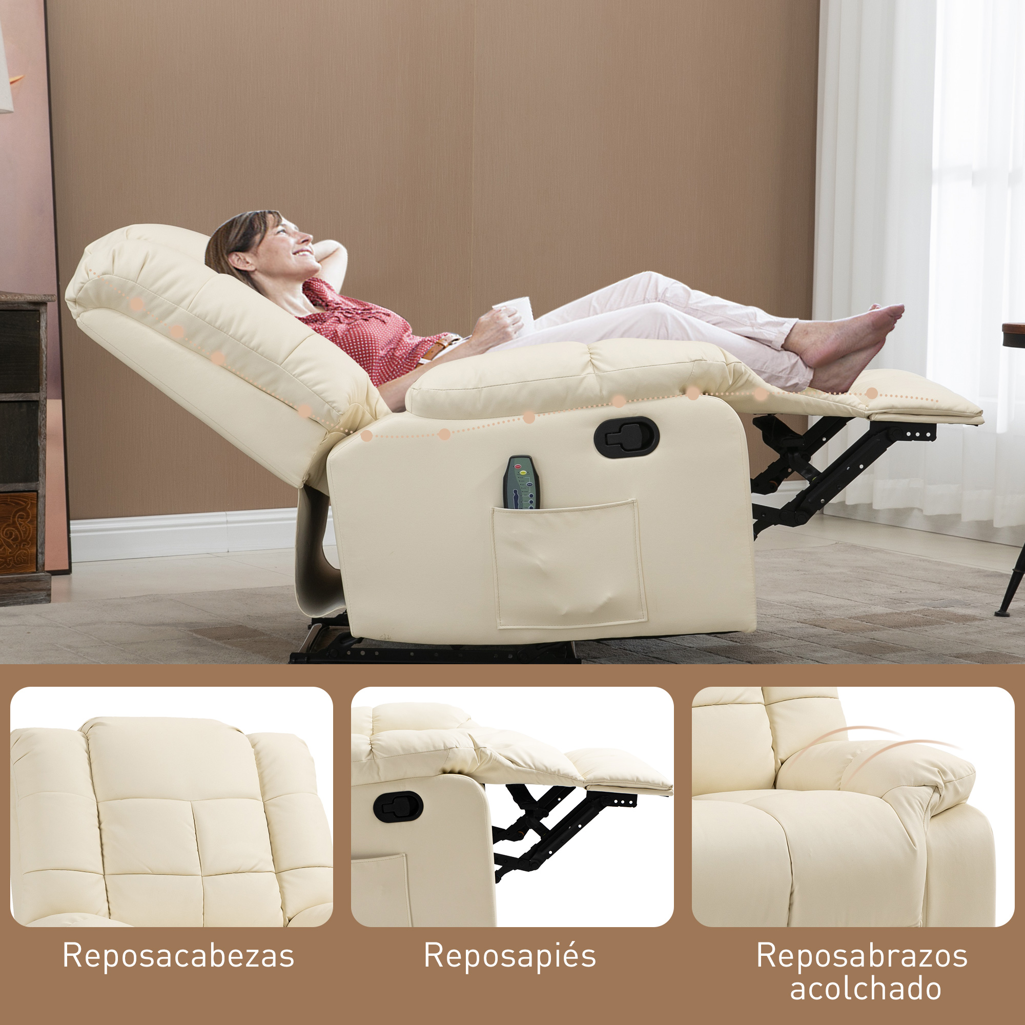 Una mujer se relaja en un sillón reclinable color crema con el reposapiés extendido.