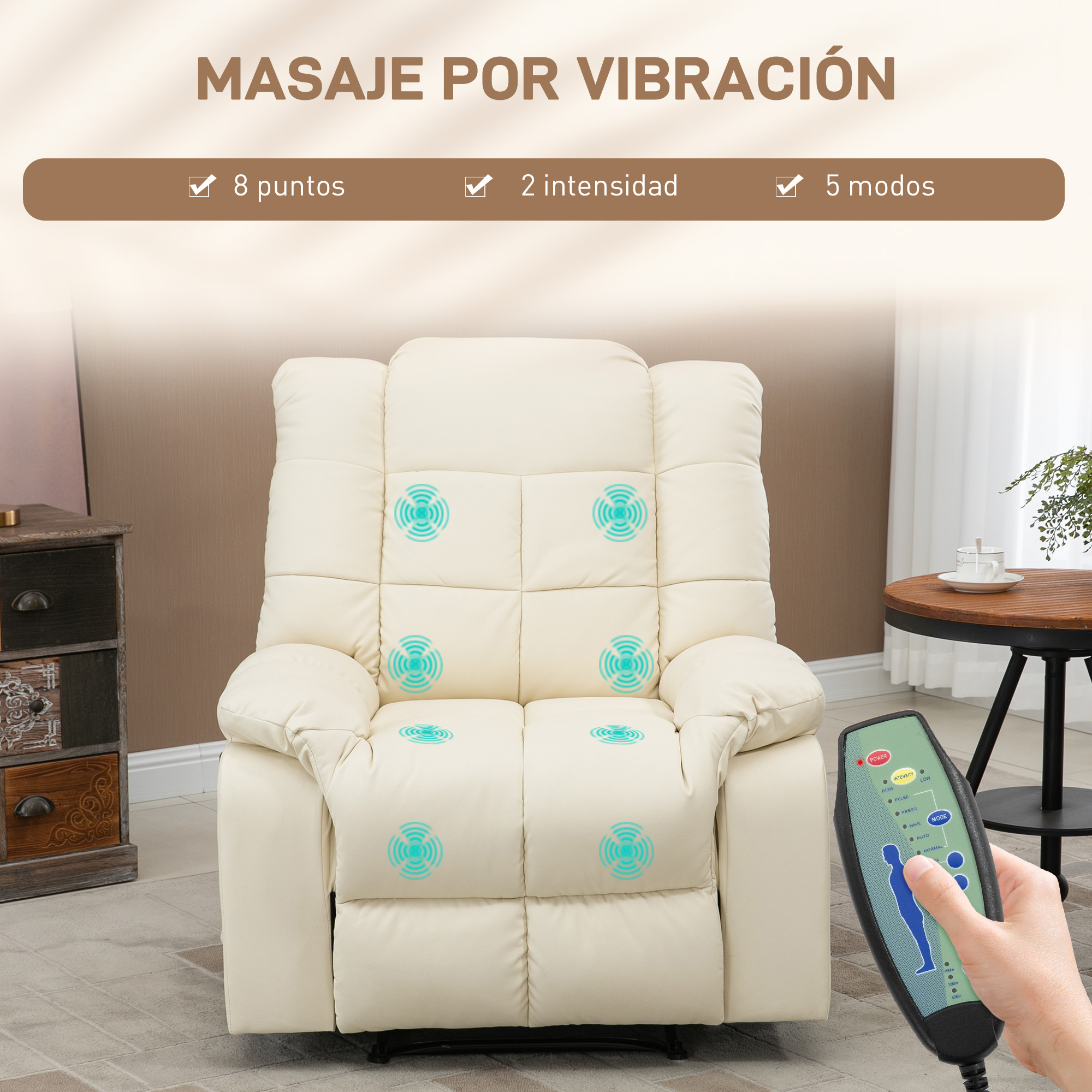 Un sillón de masaje color crema con iconos de vibración azules y un mando.