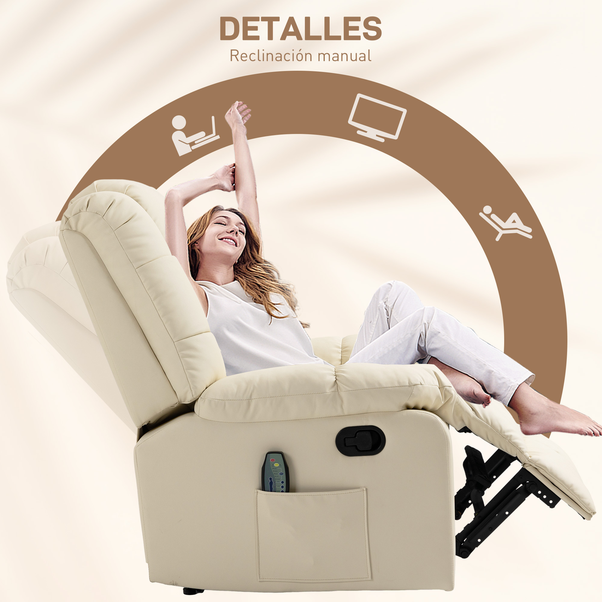 Mujer en sillón reclinable crema, brazos extendidos. Detalles: reclinación manual.