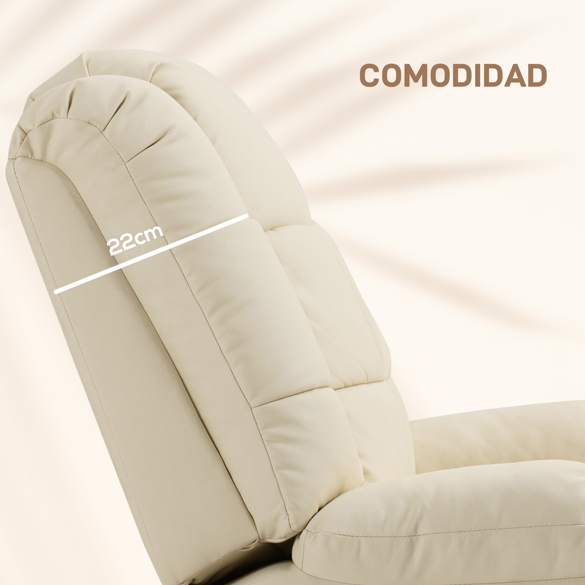 Sillón de cuero beige con acolchado acolchado y texto "COMODIDAD".