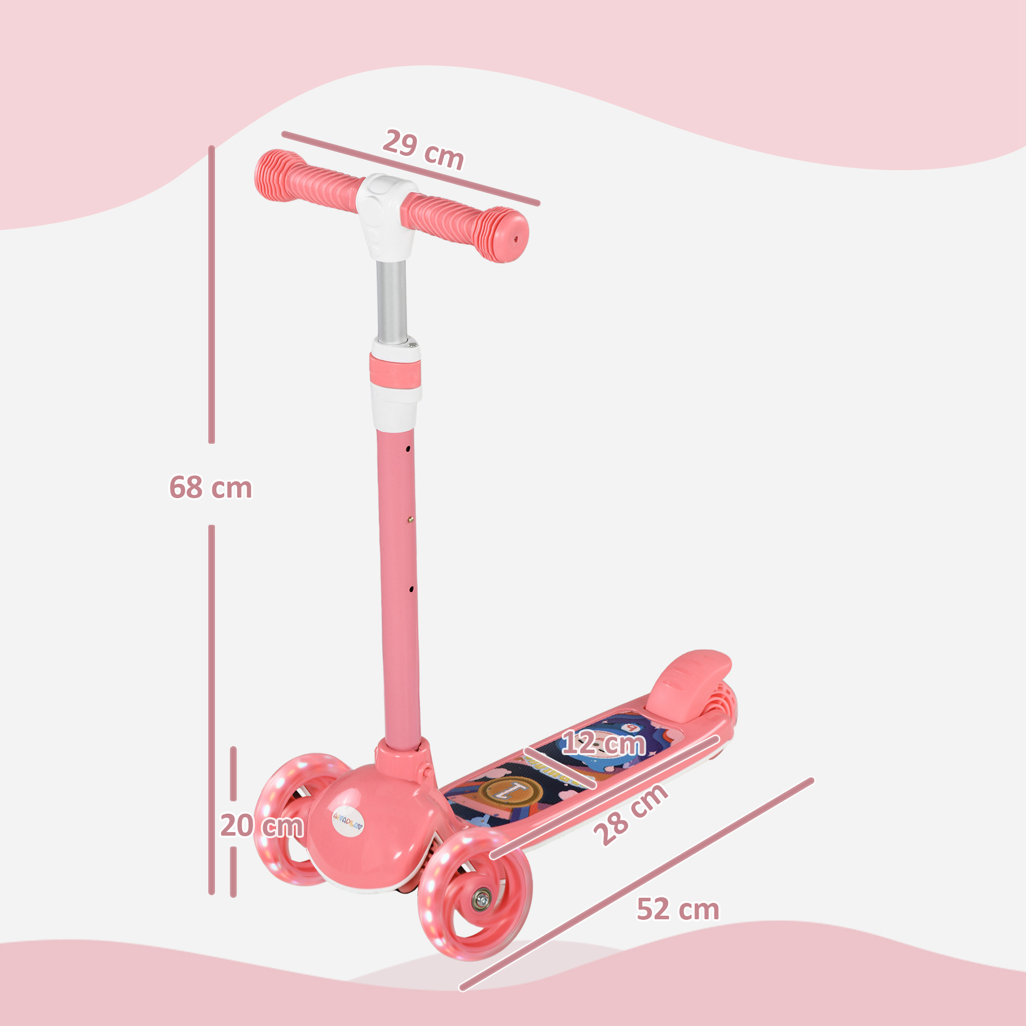 Un patinete rosa de tres ruedas para niños con dimensiones.