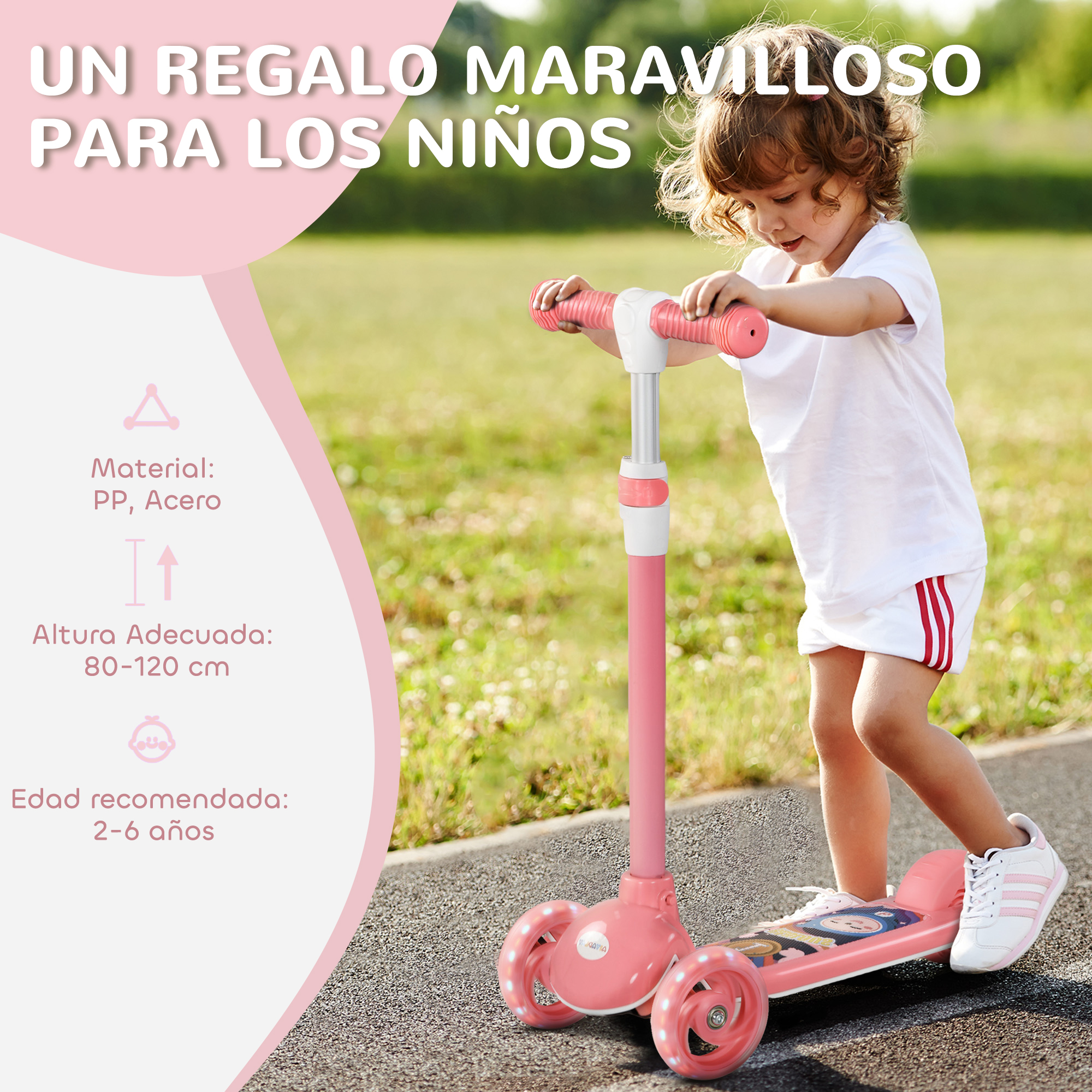 Una niña pequeña monta un patinete rosa de tres ruedas al aire libre.