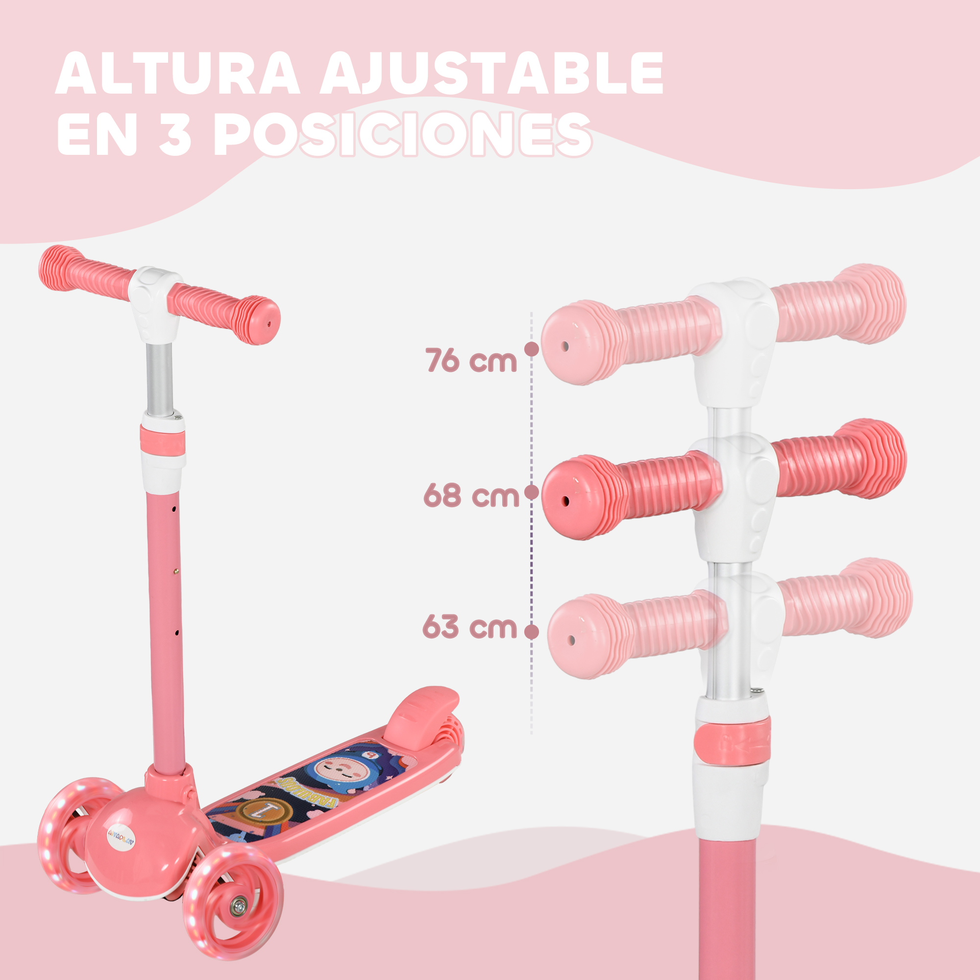 Un patinete rosa de tres ruedas con altura de manillar ajustable en 3 posiciones.