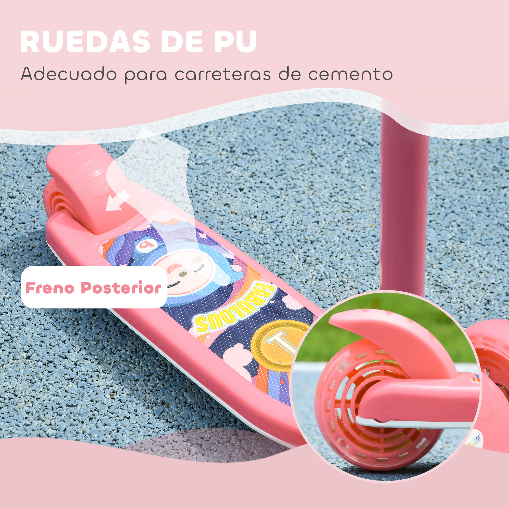 Un patinete rosa con ruedas de PU y freno trasero.