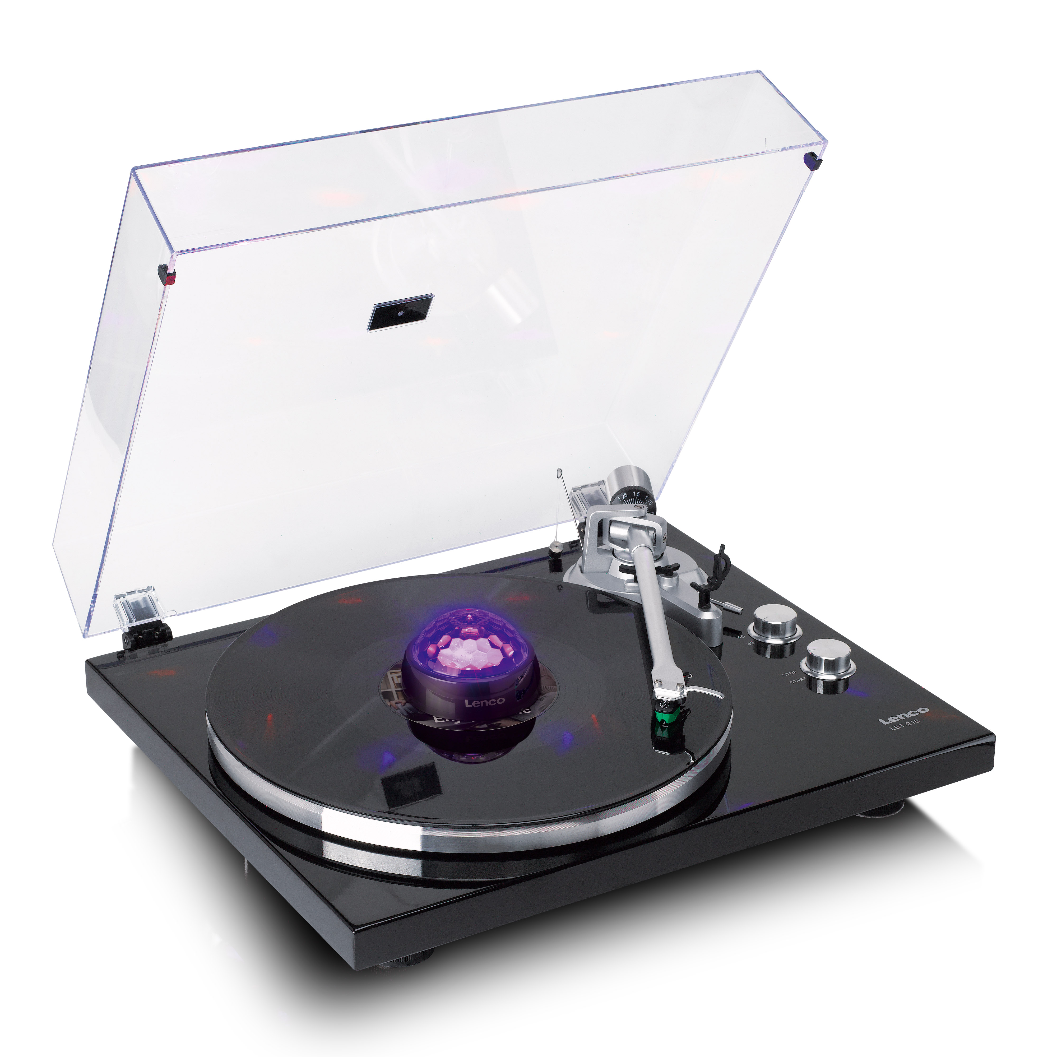 Zwarte platenspeler met doorzichtig deksel, toonarm en discobal-accessoire.
