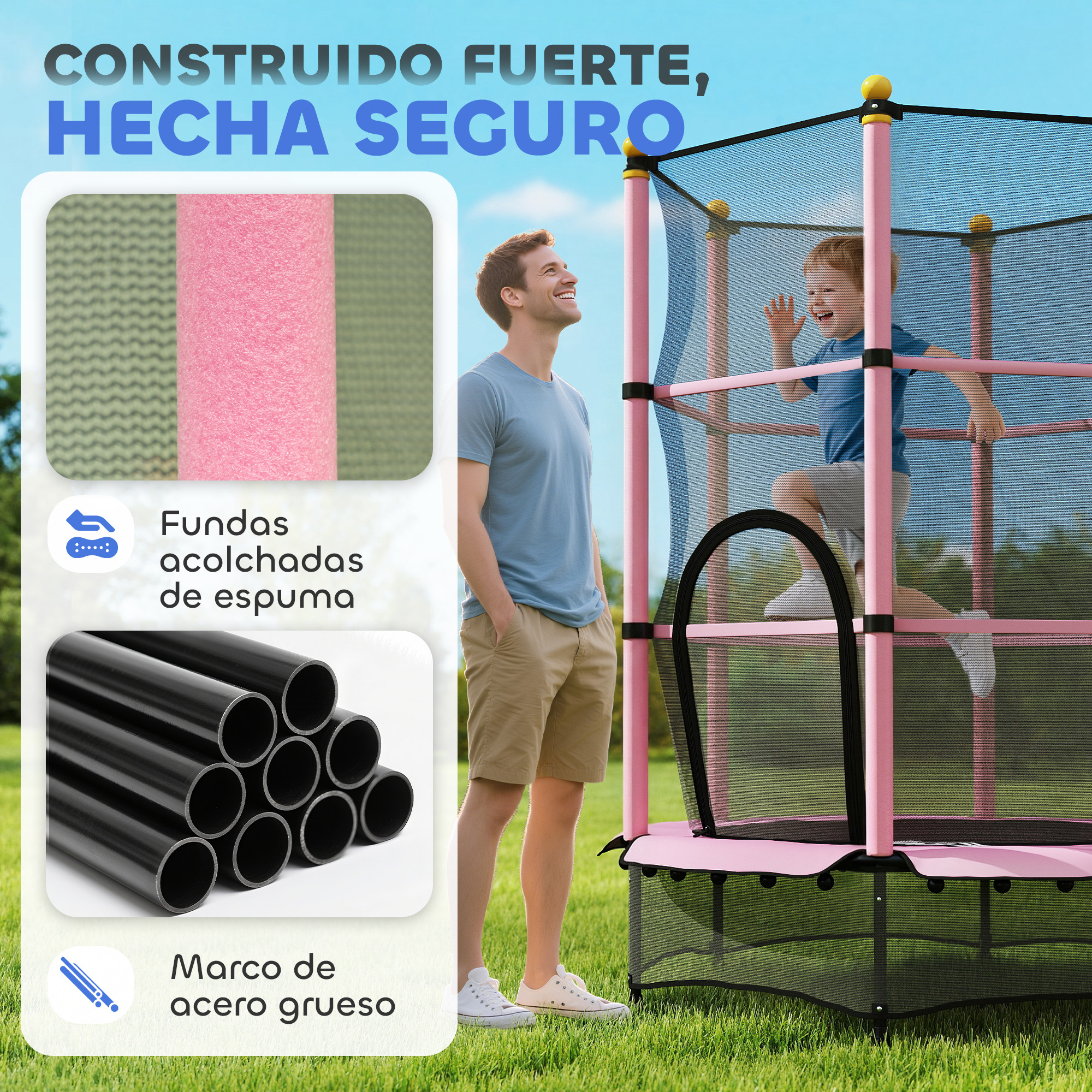 Un hombre mira a un niño en un trampolín. Se ven detalles.