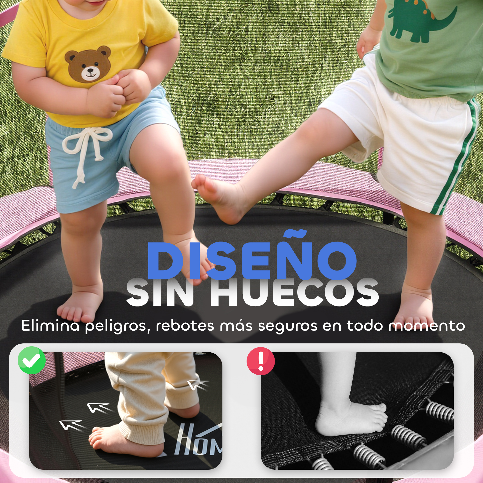 Dos niños pequeños en un trampolín rosa con el texto "DISEÑO SIN HUECOS" y ejemplos de diseños seguros vs. inseguros.