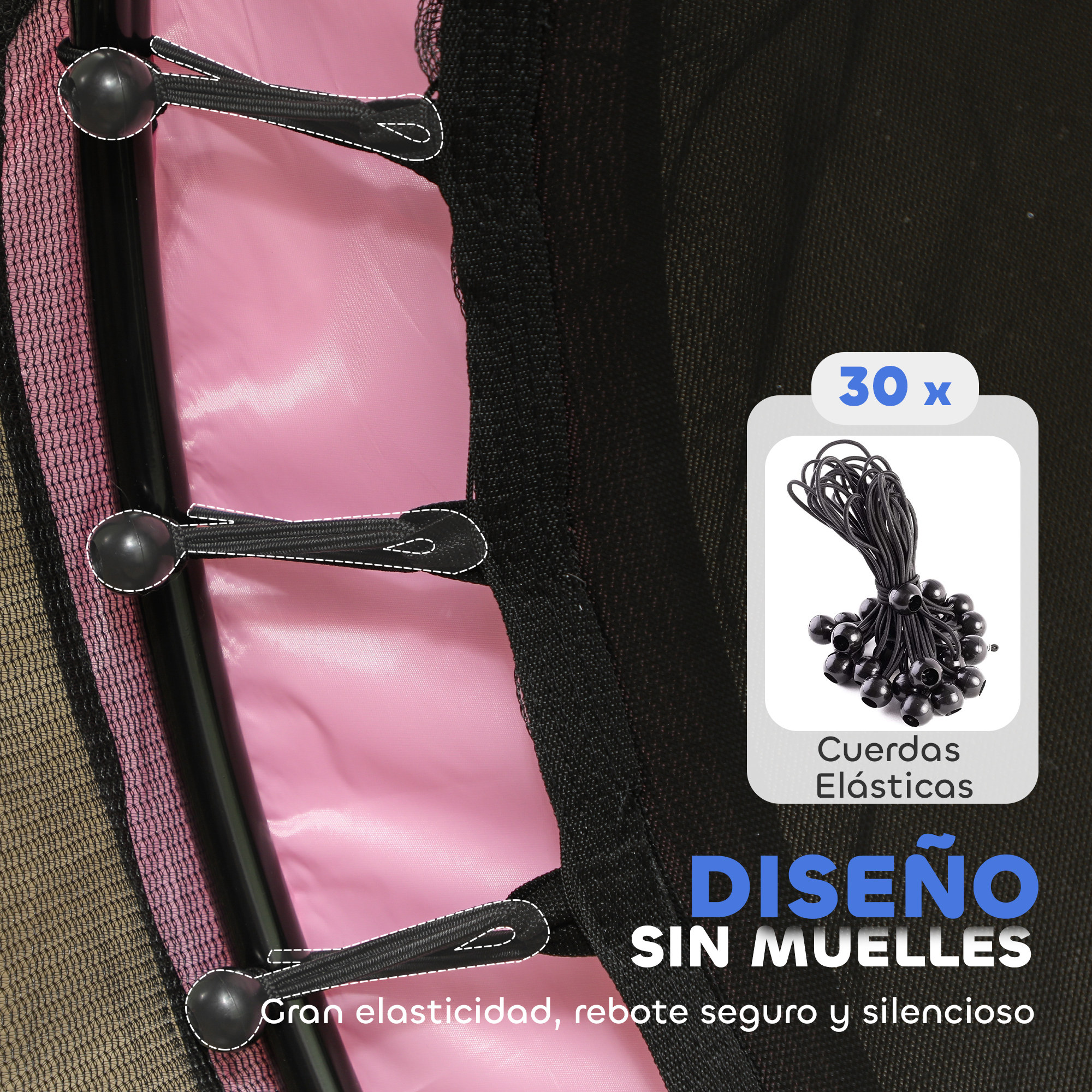 Diseño de trampolín sin resortes con 30 cuerdas elásticas y red negra.