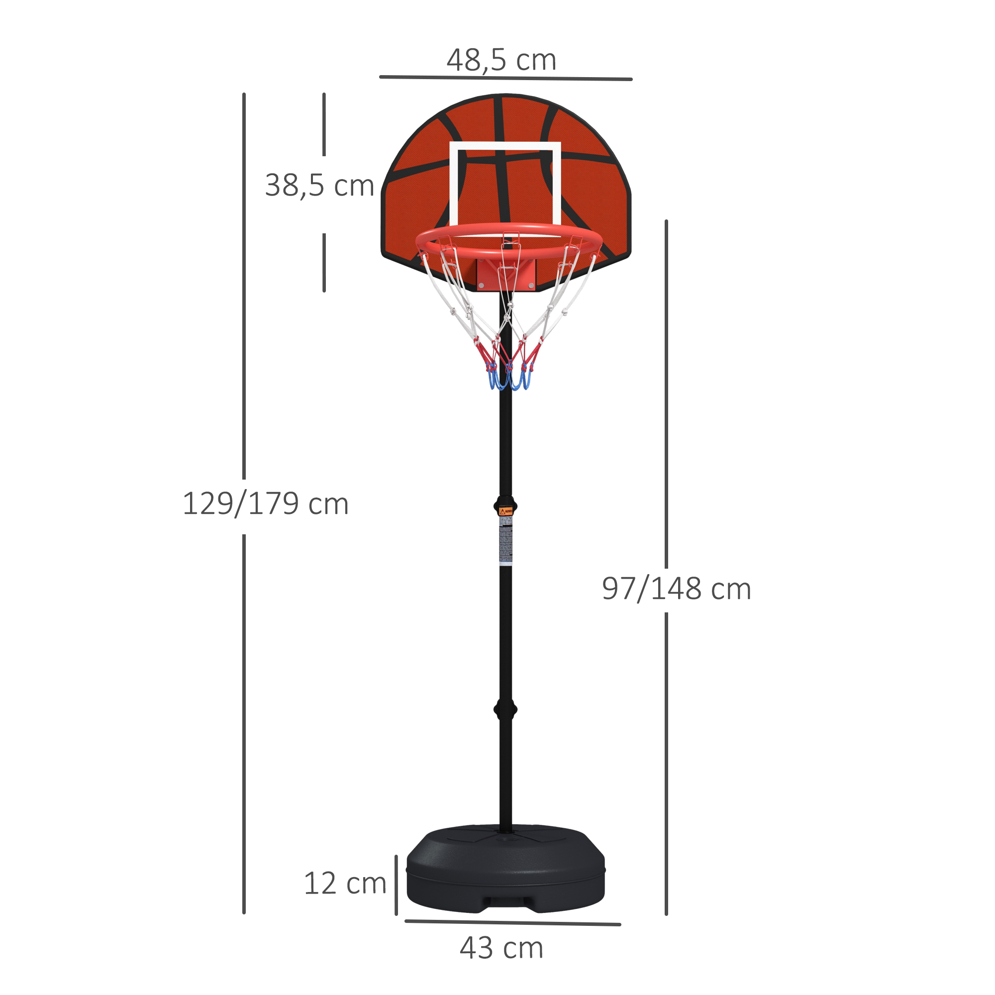 Una canasta de baloncesto ajustable con tablero y red rojos.