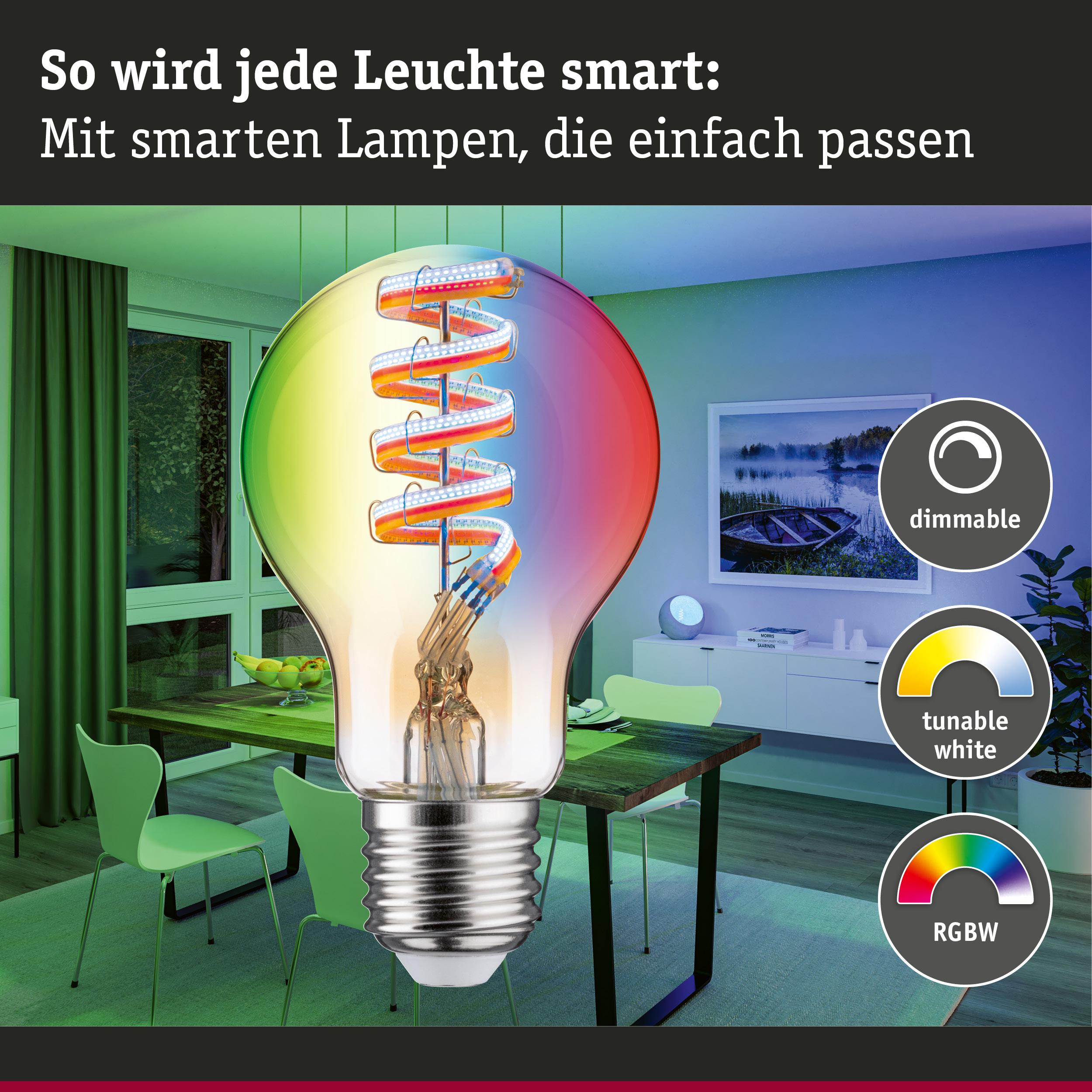 Eine smarte Glühbirne mit RGBW-Farben leuchtet in einem stilvollen Esszimmer.