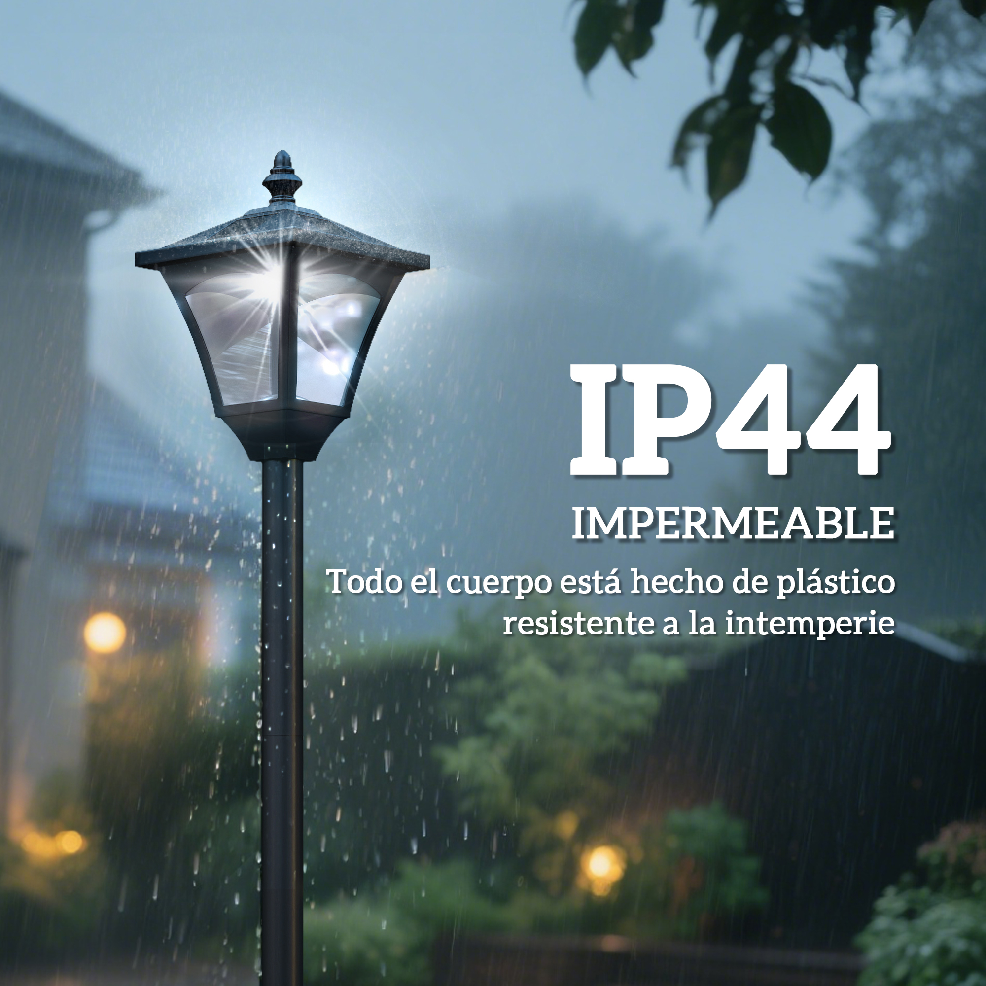 Una lámpara oscura bajo la lluvia. IP44 impermeable. Hecha de plástico resistente.