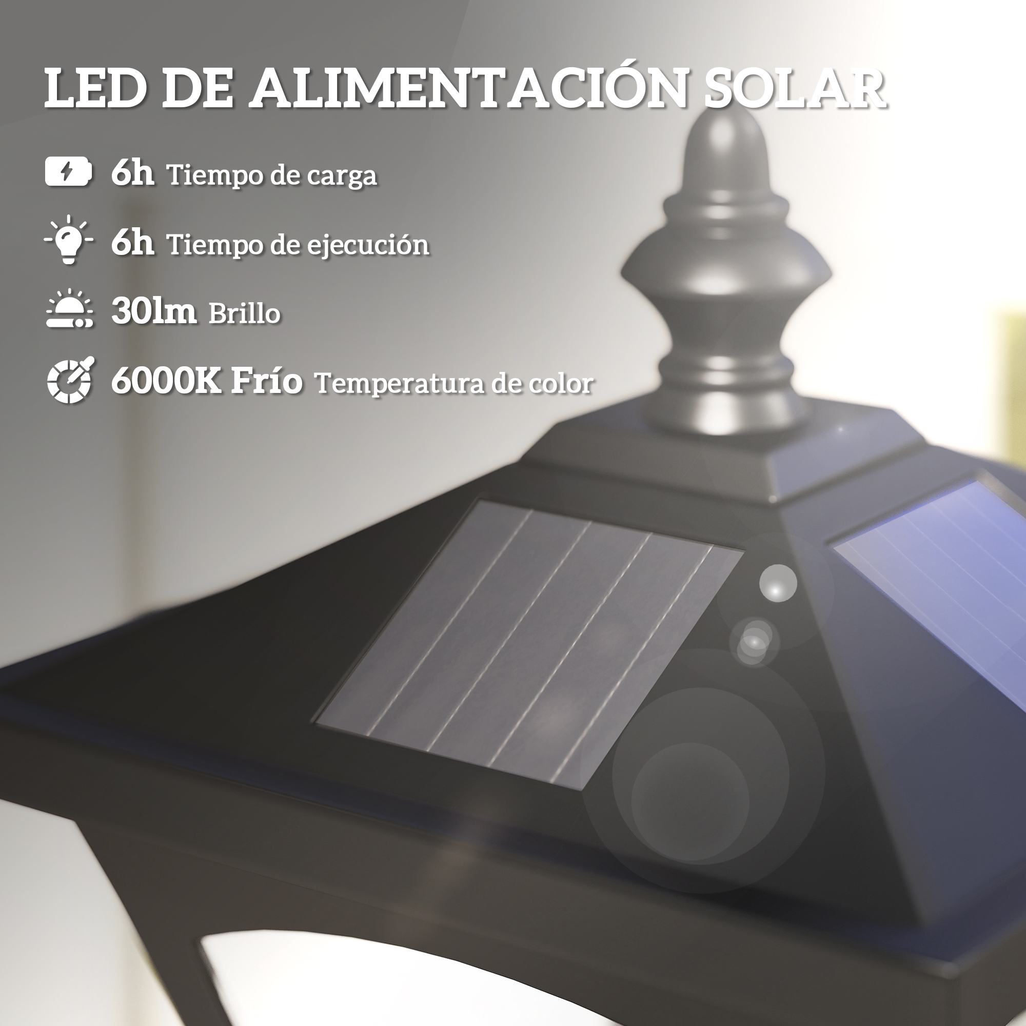 Luz LED solar: 6h carga, 6h ejecución, 30lm brillo, 6000K blanco frío.